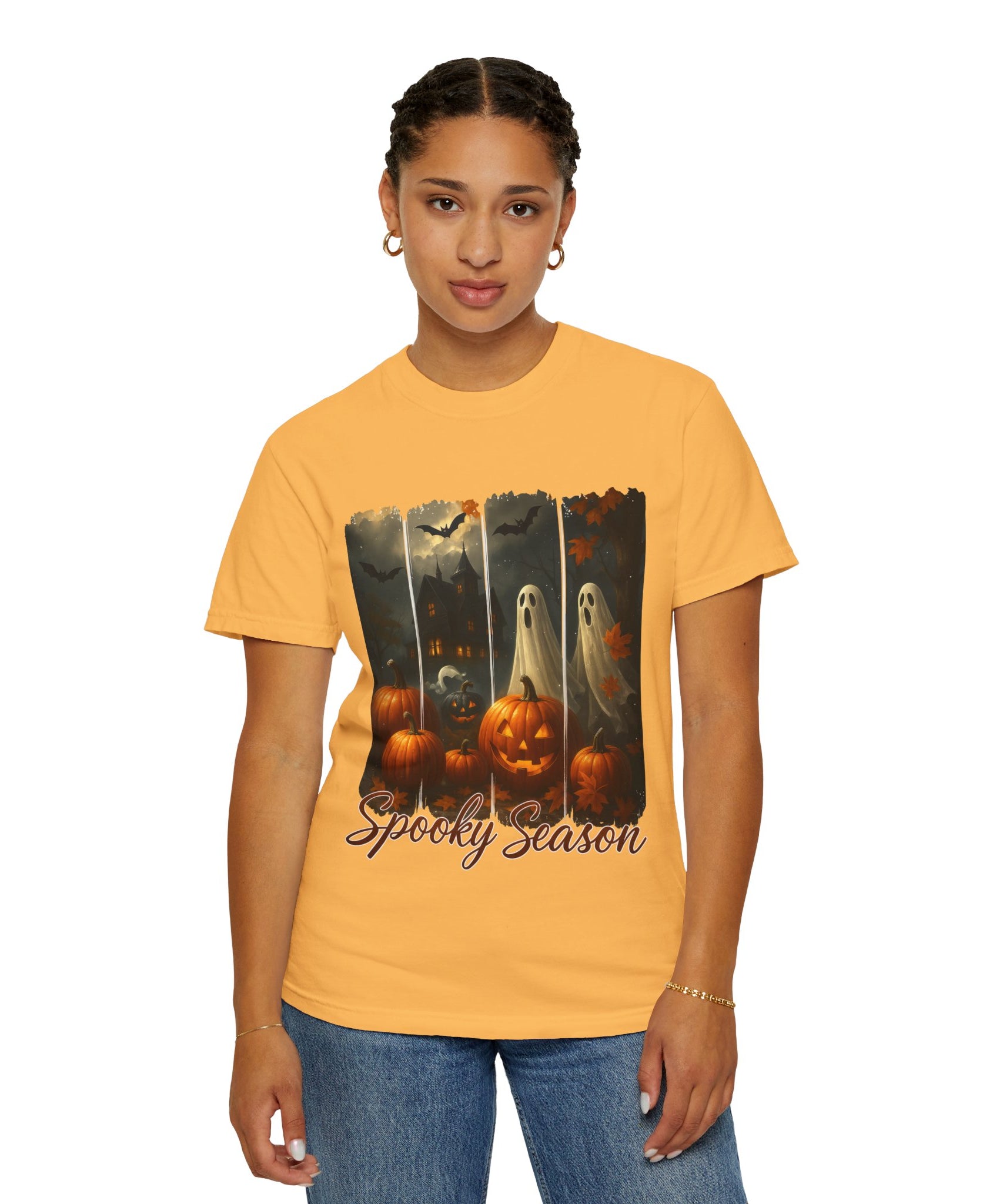 Spooky Season Unisex Halloween T-Shirt – Haunted House, Pumpkins & Ghosts Fall Design - Gallory Hive