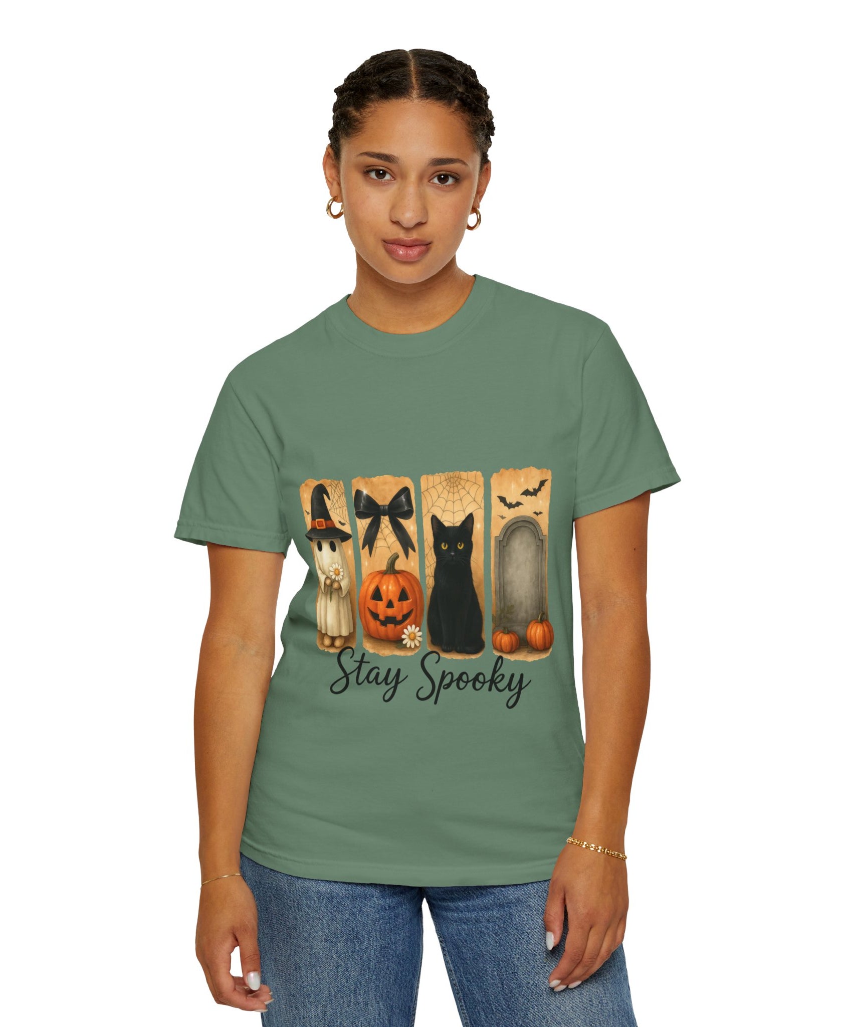 Cute Halloween T-Shirt – Ghost in Witch Hat, Pumpkin, Black Cat & Tombstone Design - Gallory Hive