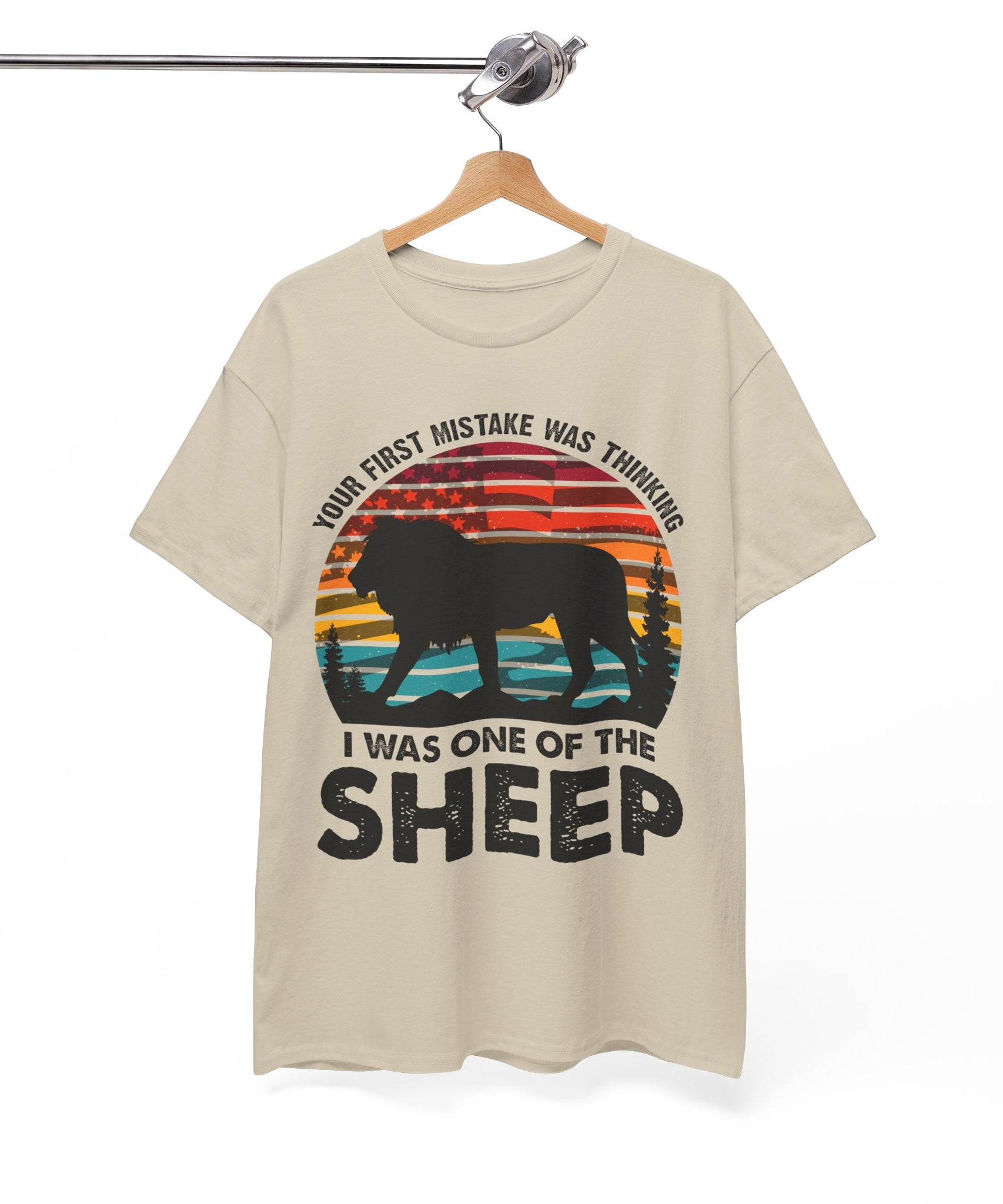 Bold Lion Tee with USA Flag Sunset