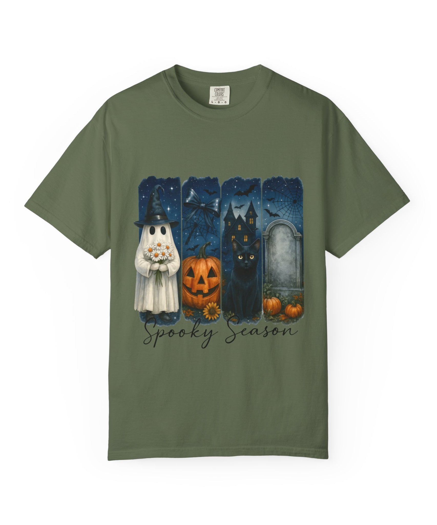 Spooky Season Halloween T-Shirt – Ghost, Black Cat, Pumpkin & Haunted House Design