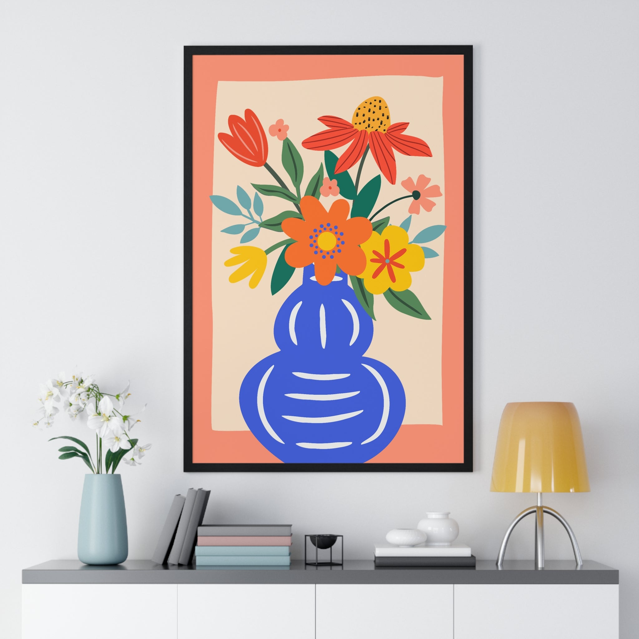 Vibrant Floral Bouquet in Blue Vase Art Print in Premium Frame