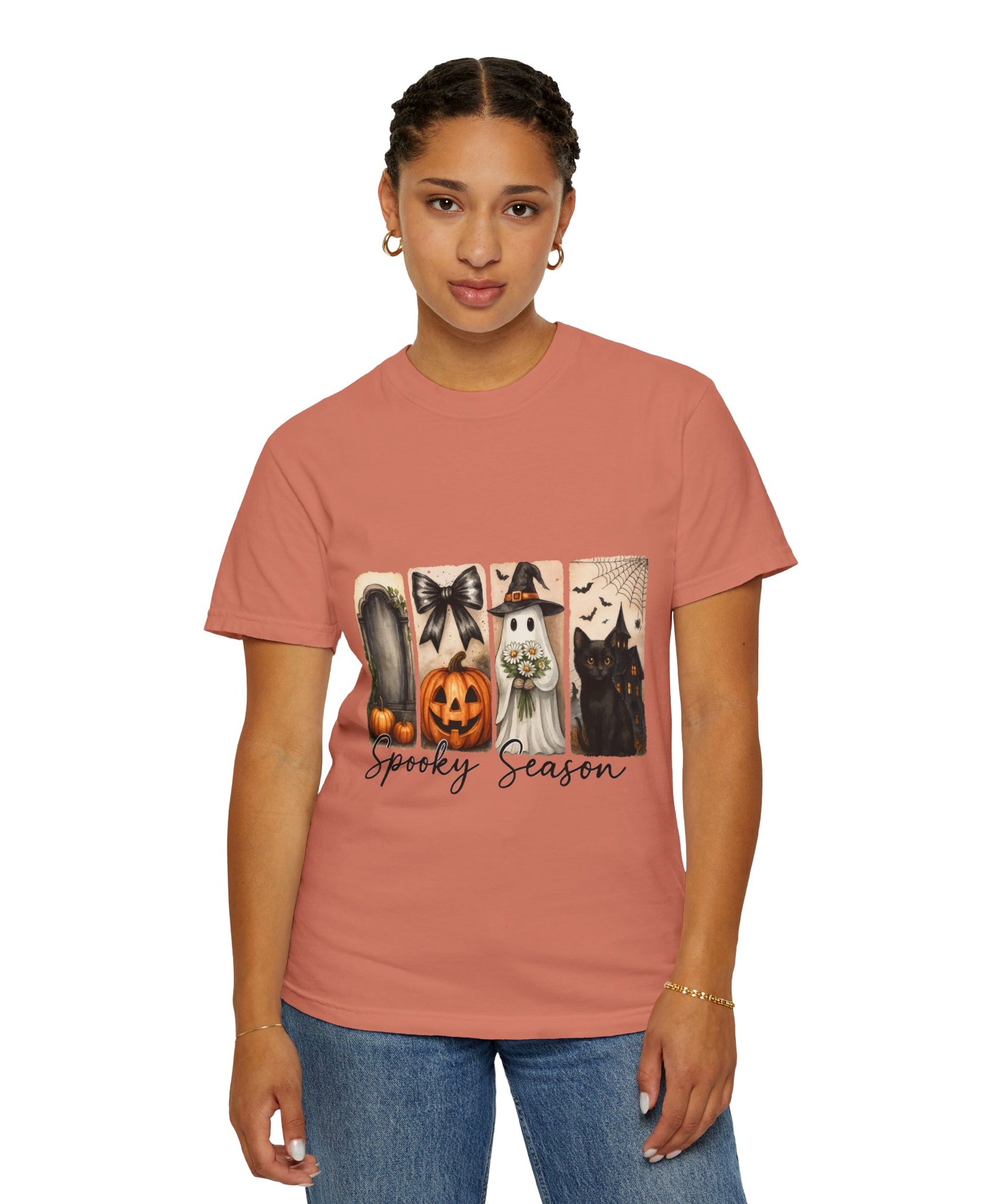 Spooky Season Unisex Halloween T-Shirt – Ghost, Black Cat, Pumpkin & Haunted House Art - Gallory Hive