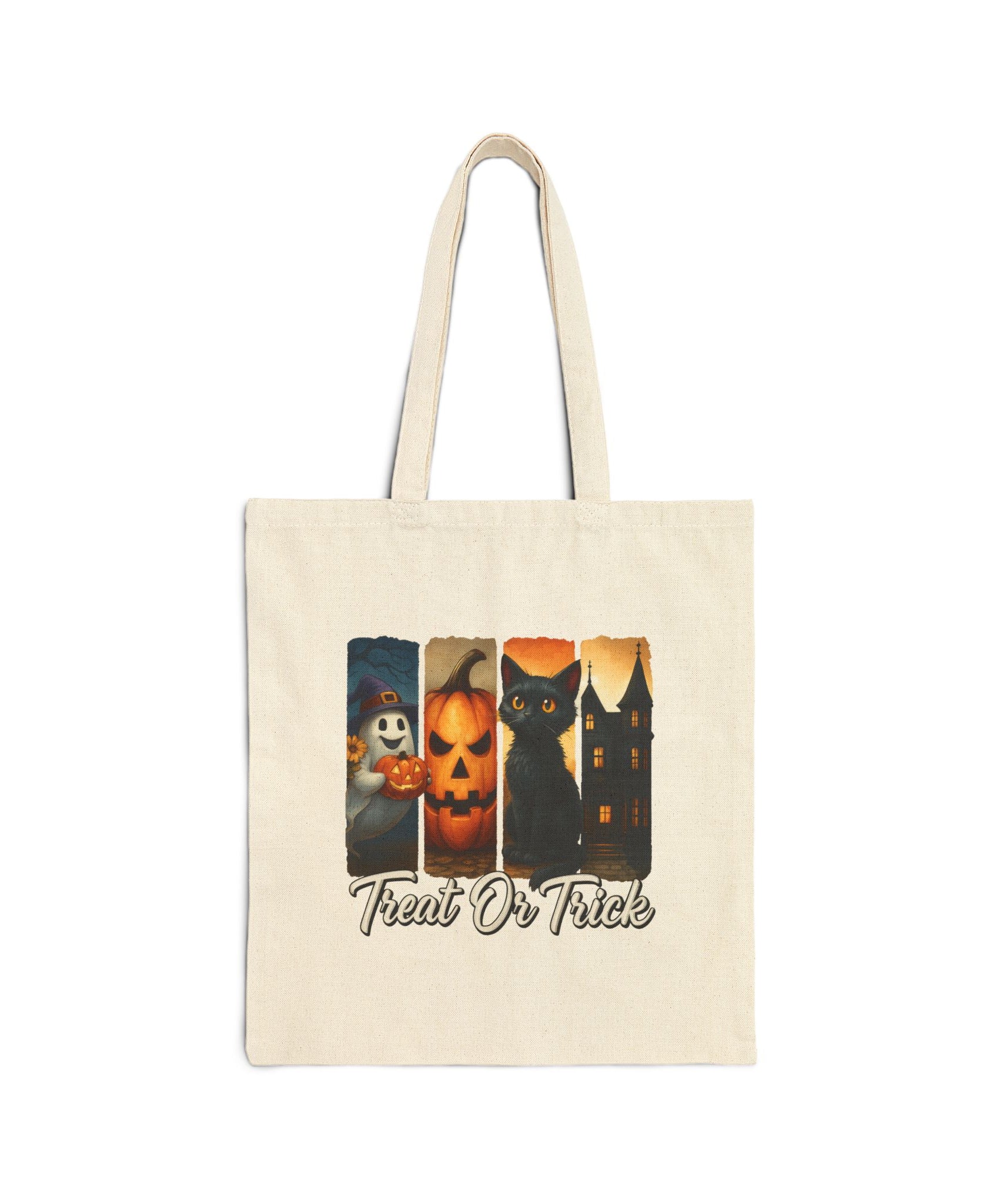 Halloween Tote Bag, Treat or Trick Cotton Bag, Spooky Season Reusable Shopper, Autumn Gift, Haunted House Tote, Cat Lover's Bag