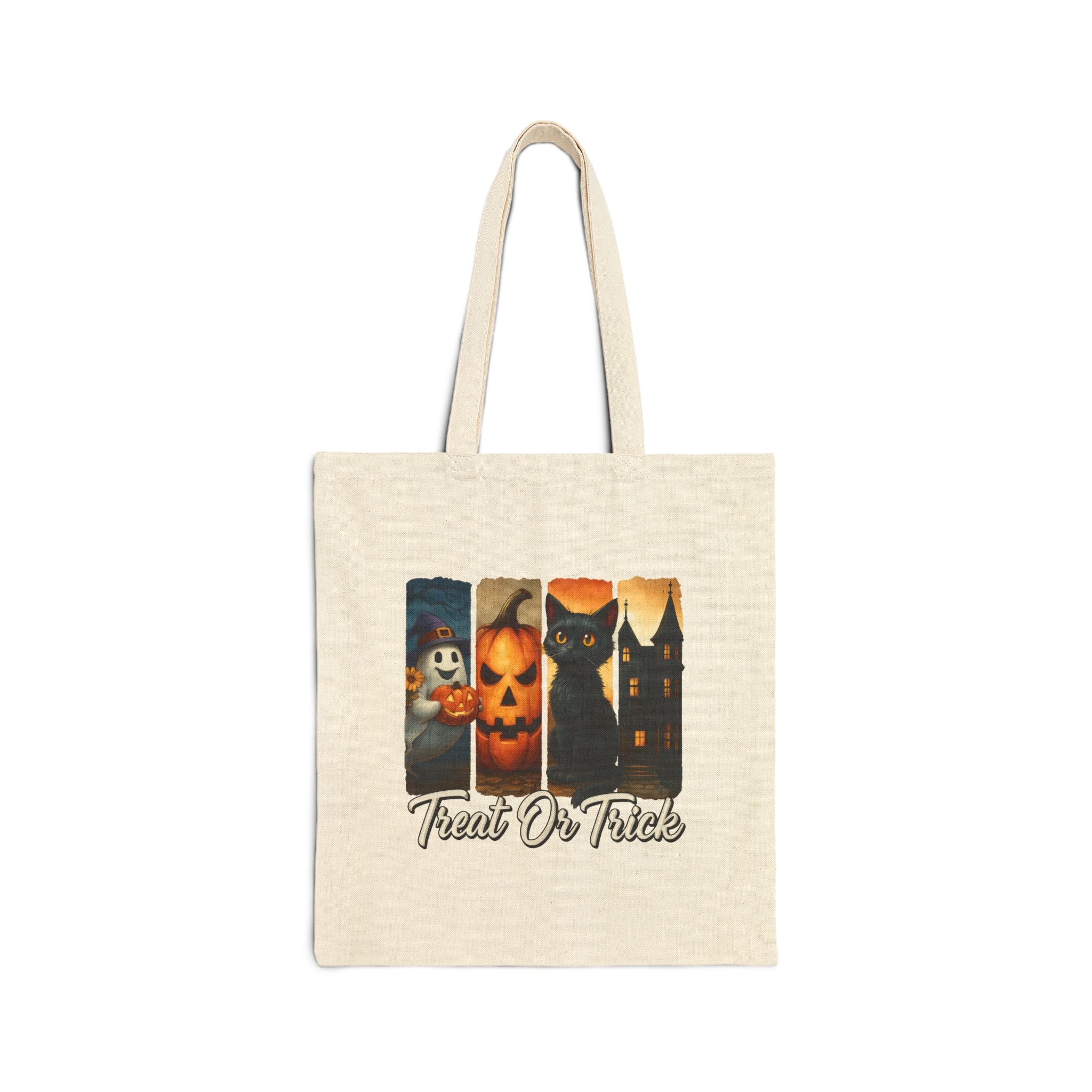 Halloween Tote Bag, Treat or Trick Cotton Bag, Spooky Season Reusable Shopper, Autumn Gift, Haunted House Tote, Cat Lover's Bag