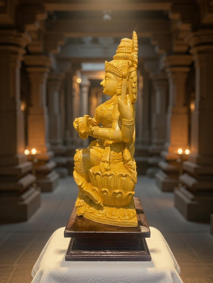Handmade Sitting Saraswati Wooden Sculpture | Gallory Hive