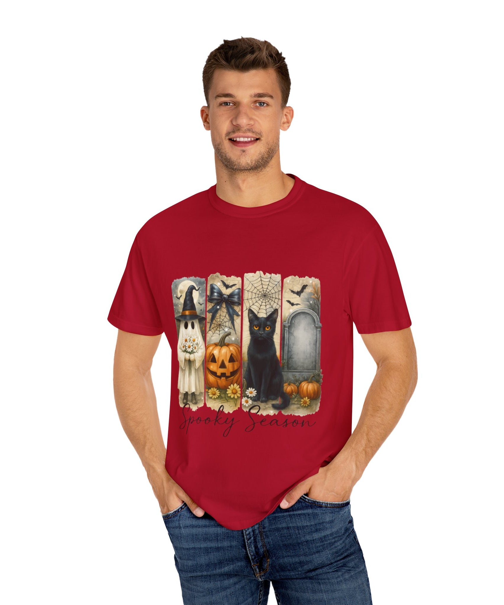 Spooky Season Halloween Unisex T-Shirt – Ghost, Black Cat & Pumpkin Design - Gallory Hive