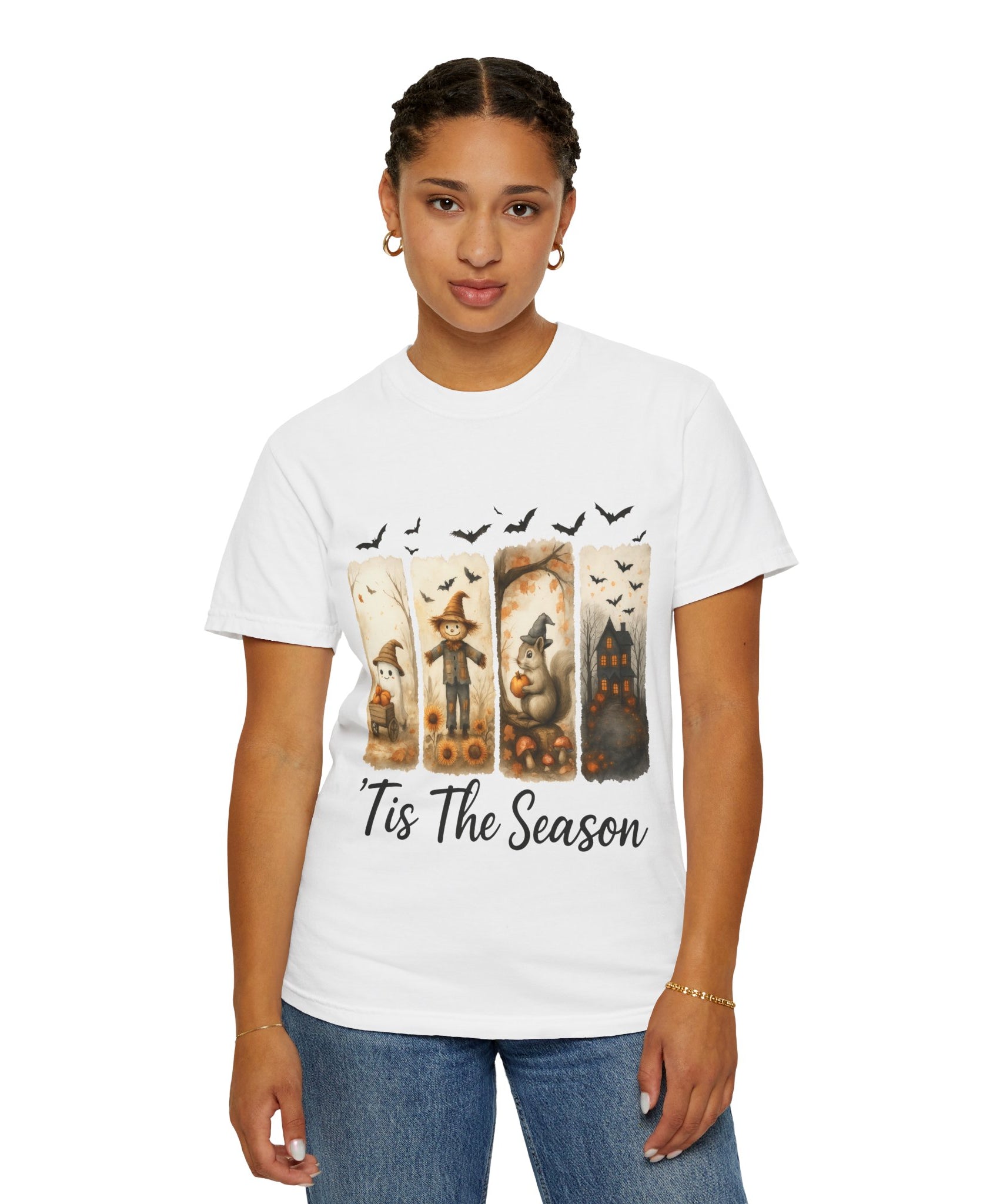 Tis The Season Fall Halloween T-Shirt – Cute Ghost, Scarecrow, Squirrel & Haunted House Design - Gallory Hive