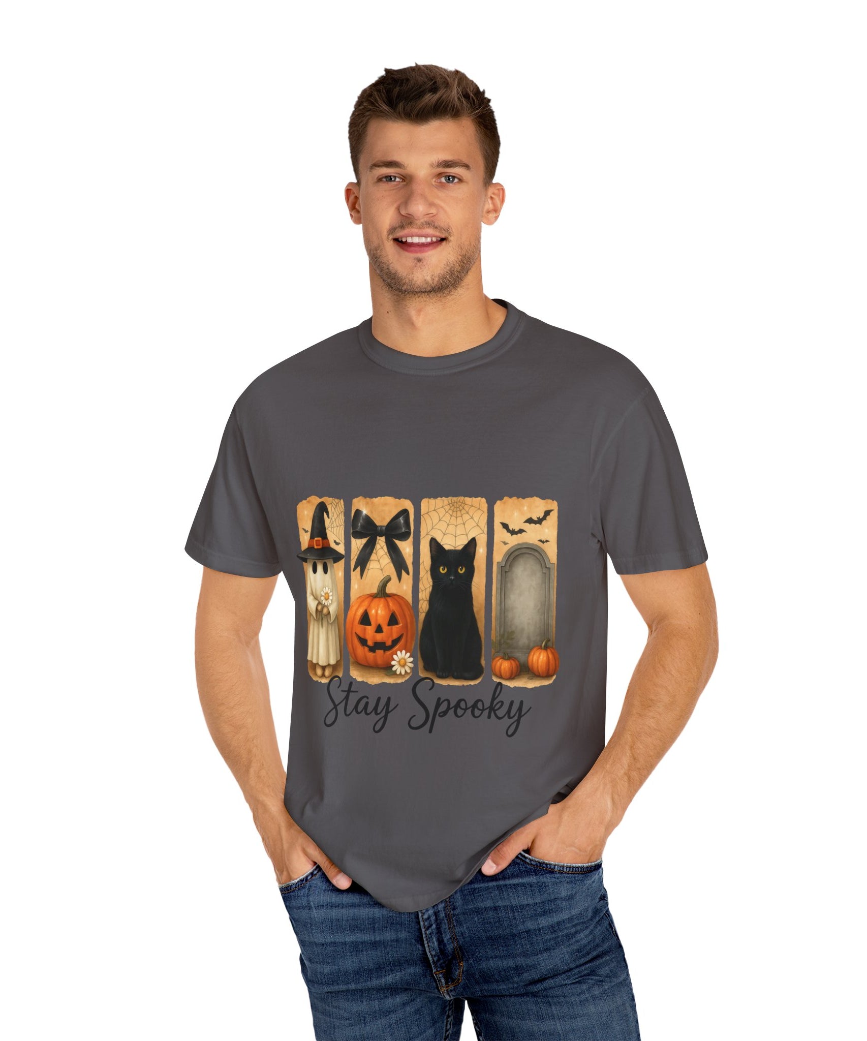 Cute Halloween T-Shirt – Ghost in Witch Hat, Pumpkin, Black Cat & Tombstone Design - Gallory Hive
