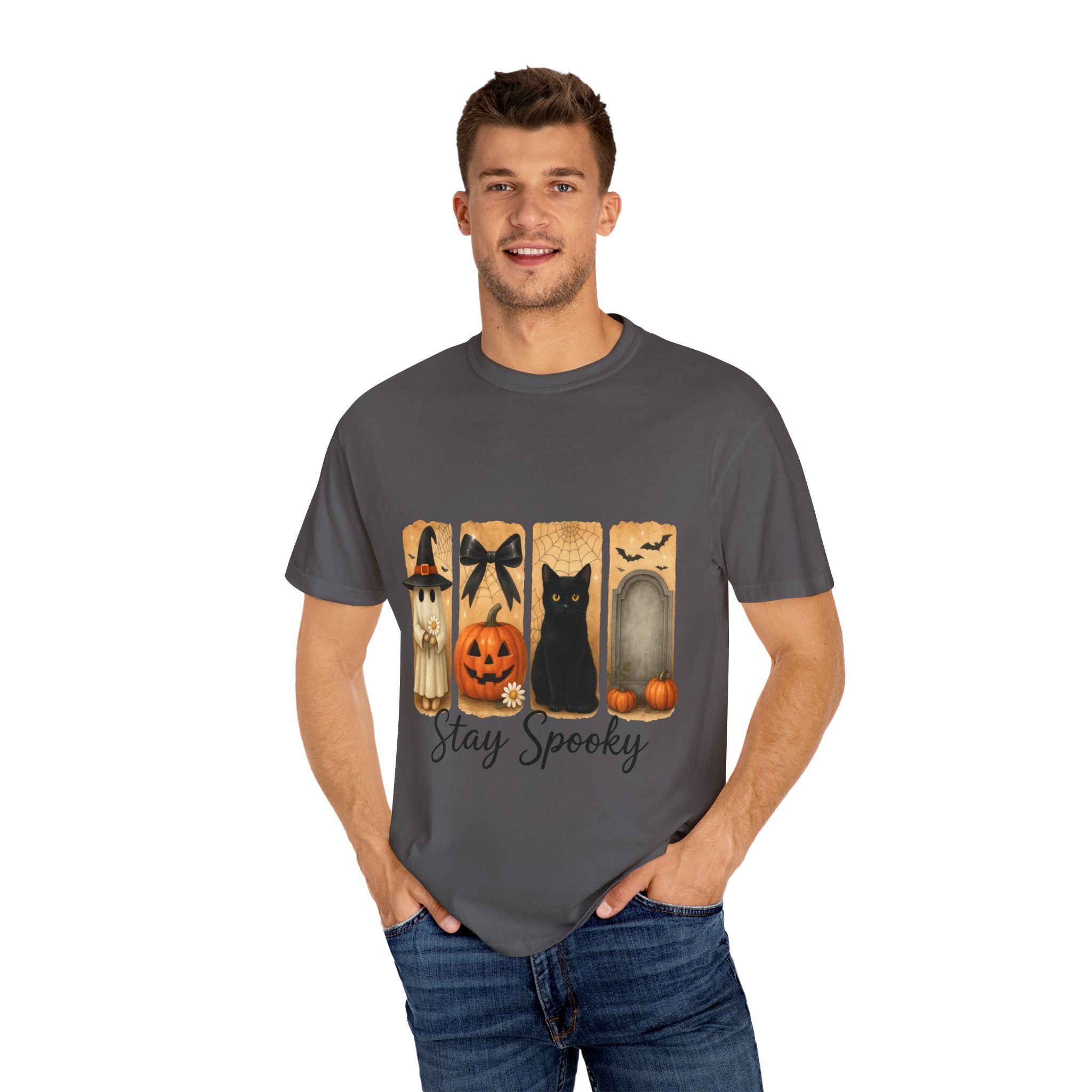 Cute Halloween T-Shirt – Ghost in Witch Hat, Pumpkin, Black Cat & Tombstone Design - Gallory Hive