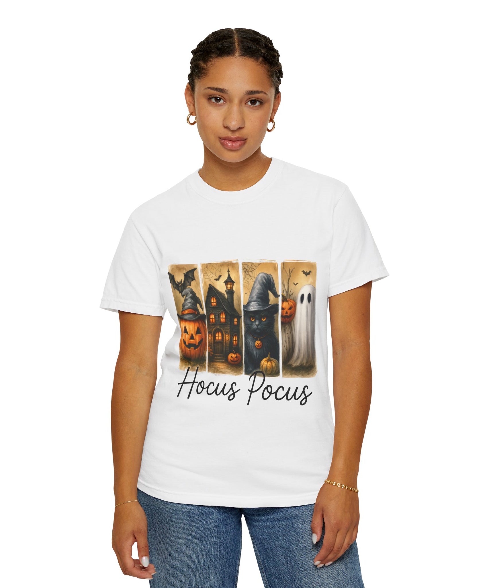 Hocus Pocus Halloween Unisex T-Shirt – Witchy Cat, Haunted House, Pumpkin & Ghost Art - Gallory Hive