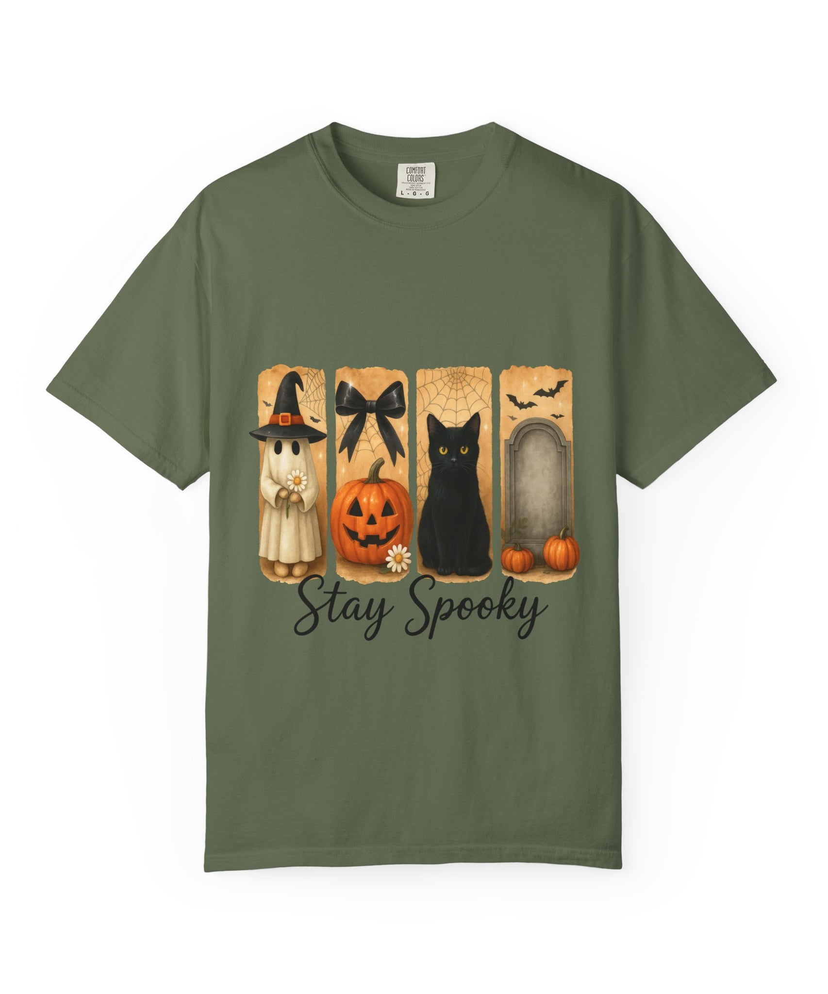 Cute Halloween T-Shirt – Ghost in Witch Hat, Pumpkin, Black Cat & Tombstone Design - Gallory Hive