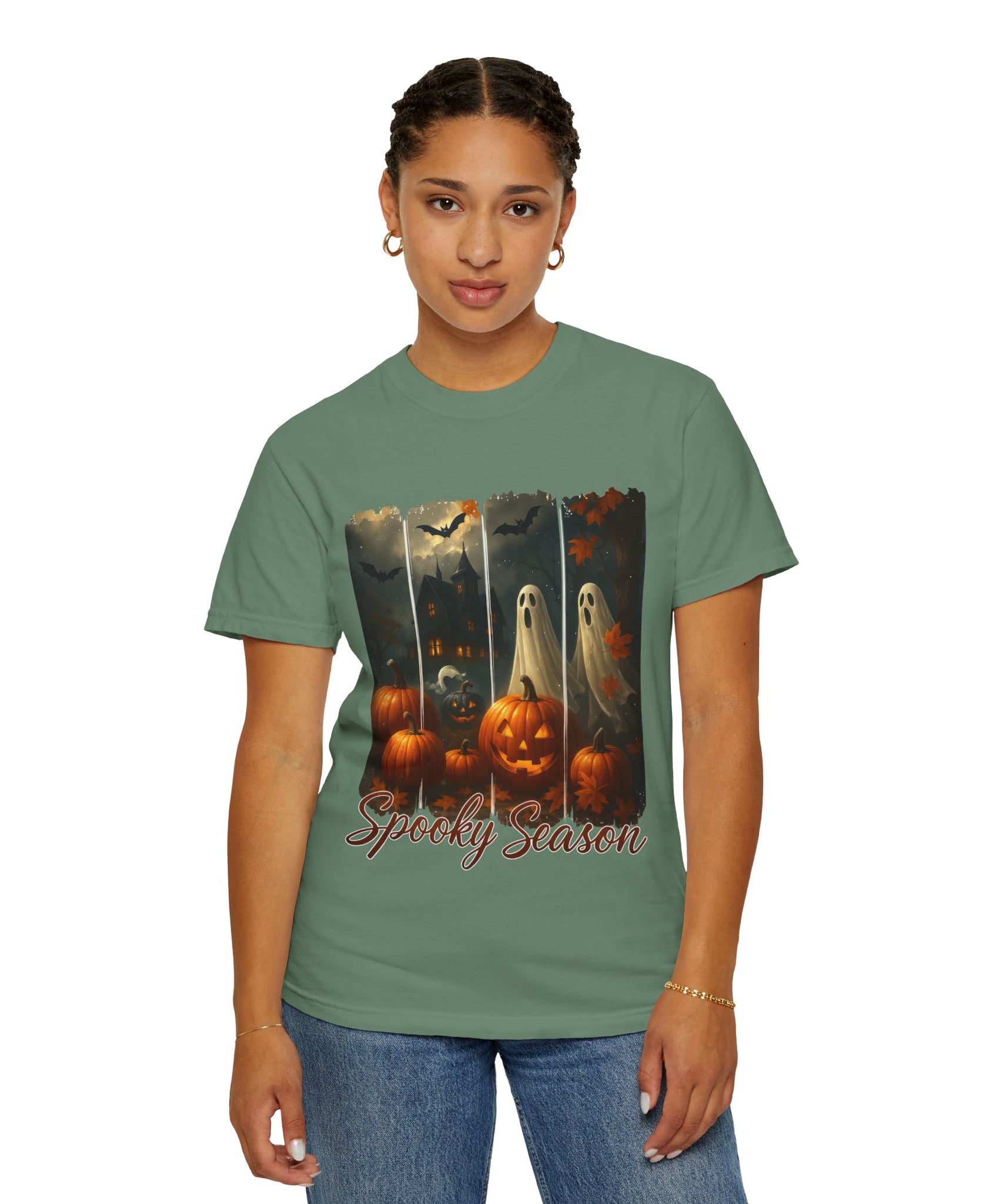 Spooky Season Unisex Halloween T-Shirt – Haunted House, Pumpkins & Ghosts Fall Design - Gallory Hive