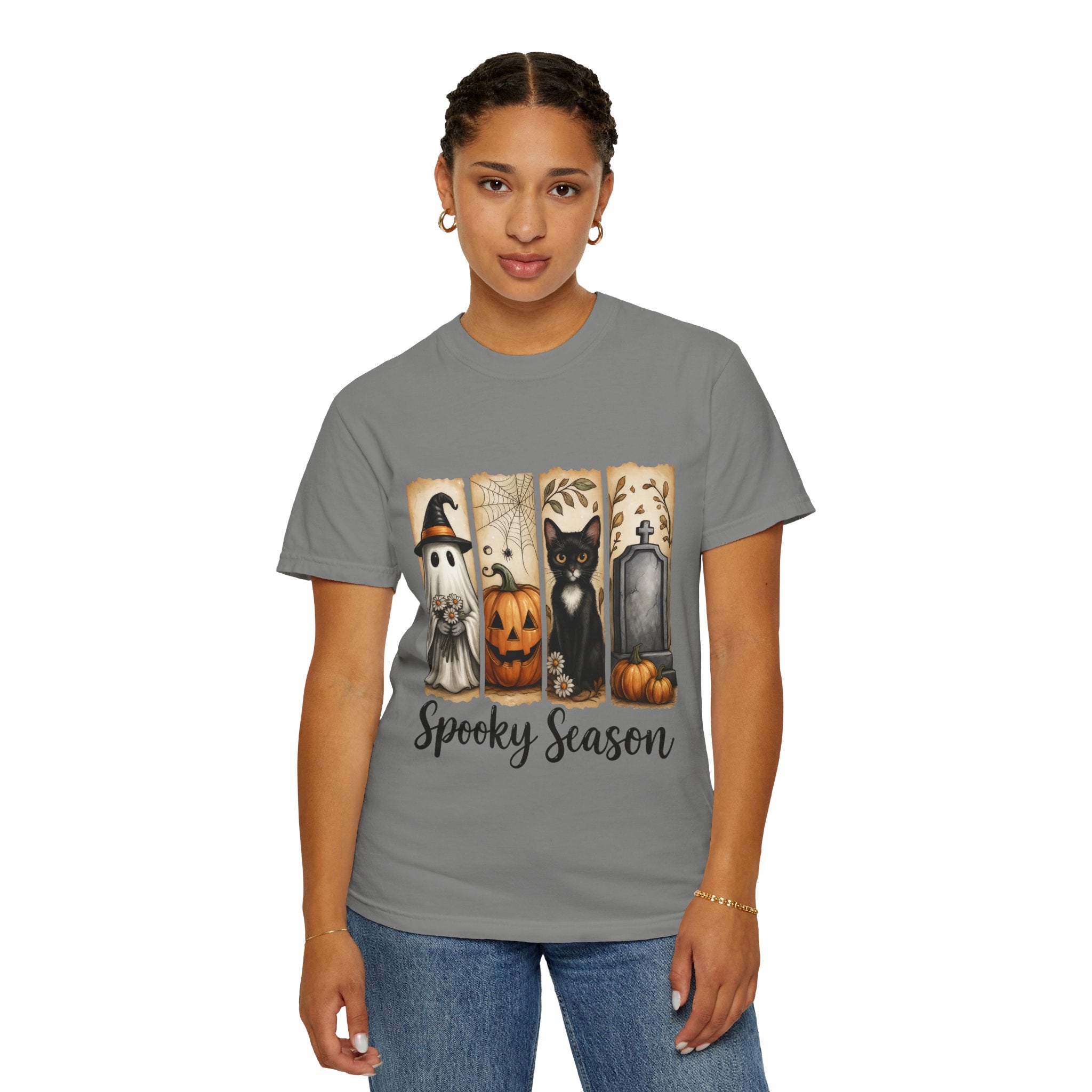 Spooky Season Halloween Unisex T-Shirt – Ghost, Cat & Pumpkin Design - Gallory Hive