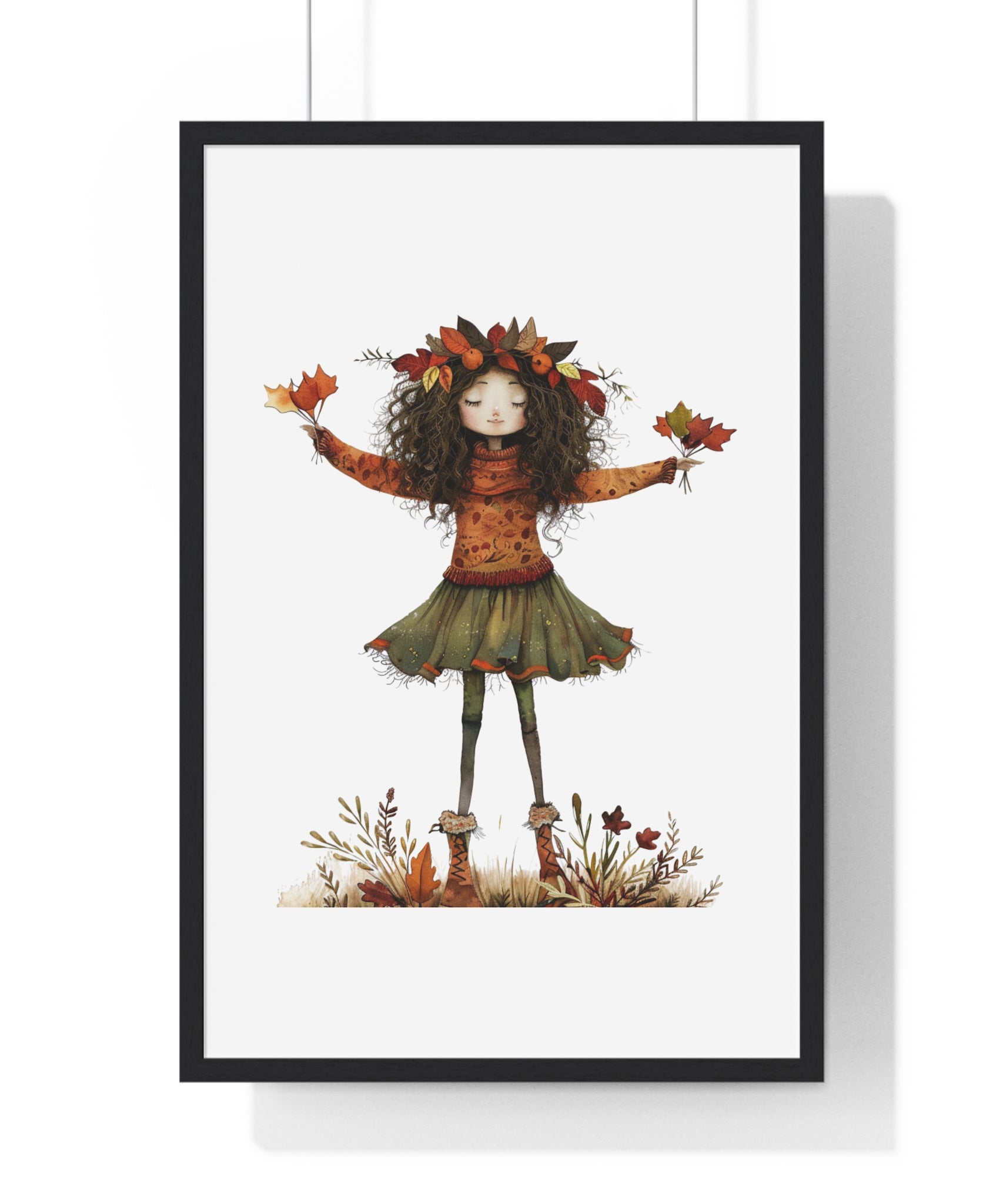 Serene Autumn Fairy with Leaves Wooden Framed Wall Art