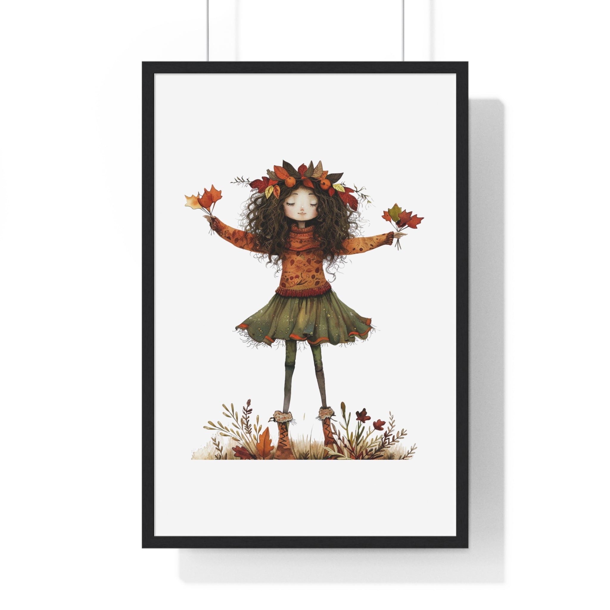Serene Autumn Fairy with Leaves Wooden Framed Wall Art