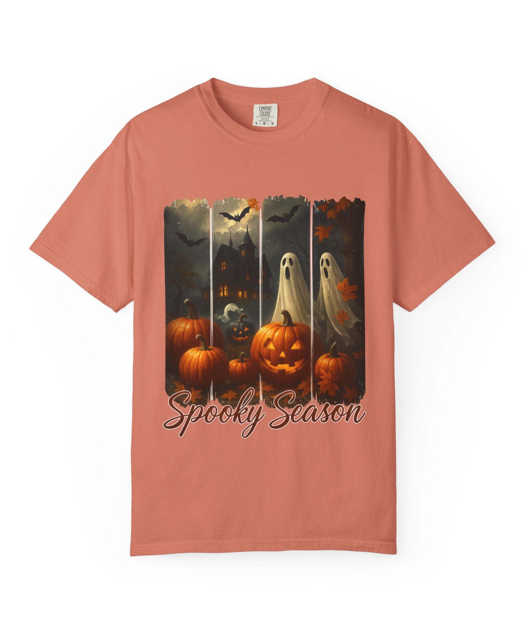 Spooky Season Unisex Halloween T-Shirt – Haunted House, Pumpkins & Ghosts Fall Design