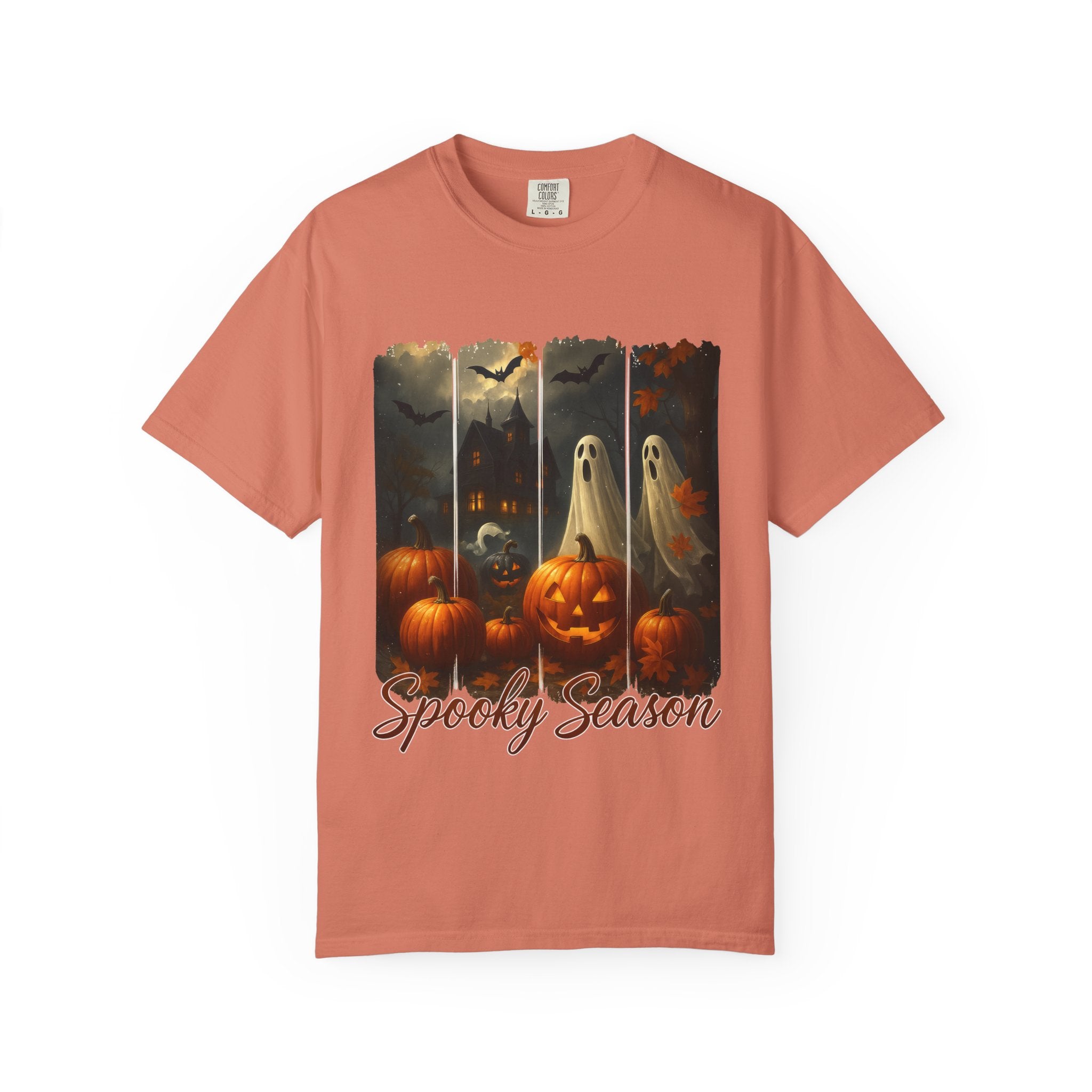 Spooky Season Unisex Halloween T-Shirt – Haunted House, Pumpkins & Ghosts Fall Design