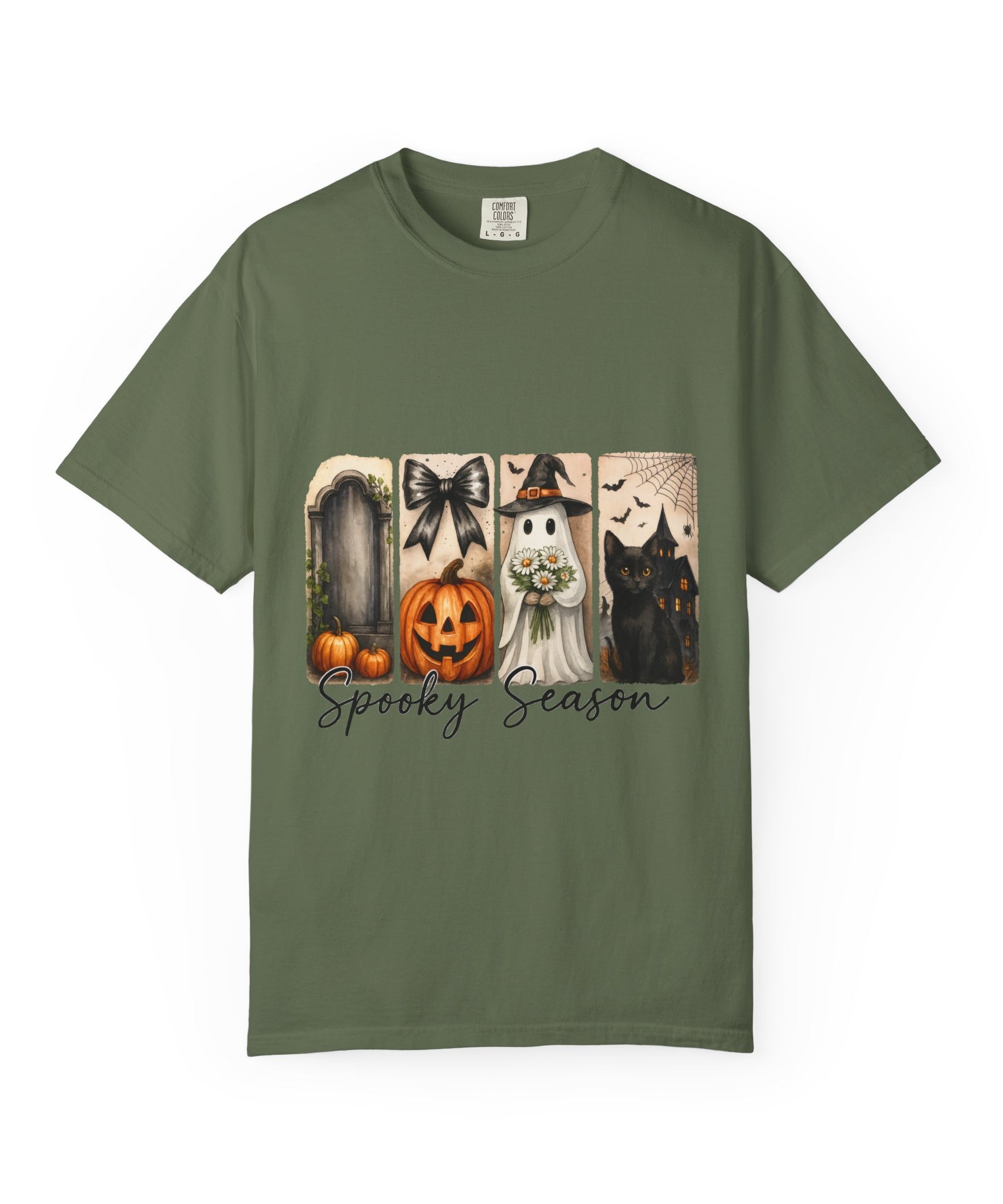 Spooky Season Unisex Halloween T-Shirt – Ghost, Black Cat, Pumpkin & Haunted House Art - Gallory Hive