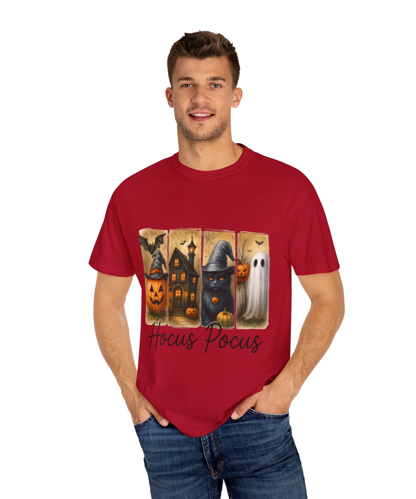 Hocus Pocus Halloween Unisex T-Shirt – Witchy Cat, Haunted House, Pumpkin & Ghost Art - Gallory Hive