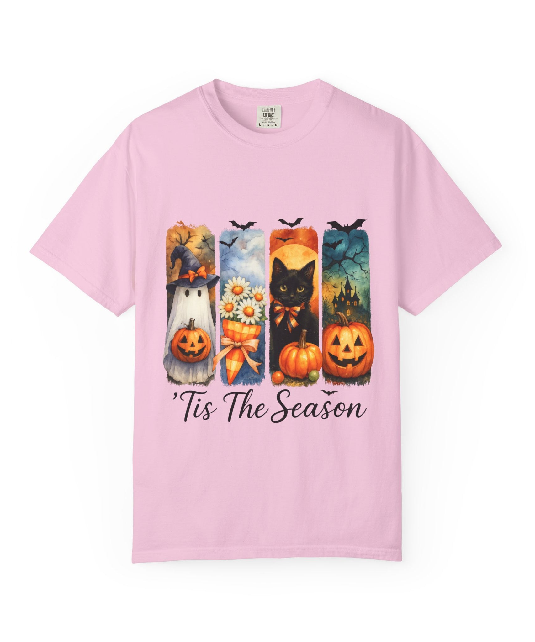 Whimsical Halloween T-Shirt – Ghost, Black Cat, Pumpkins & Haunted House Design - Gallory Hive