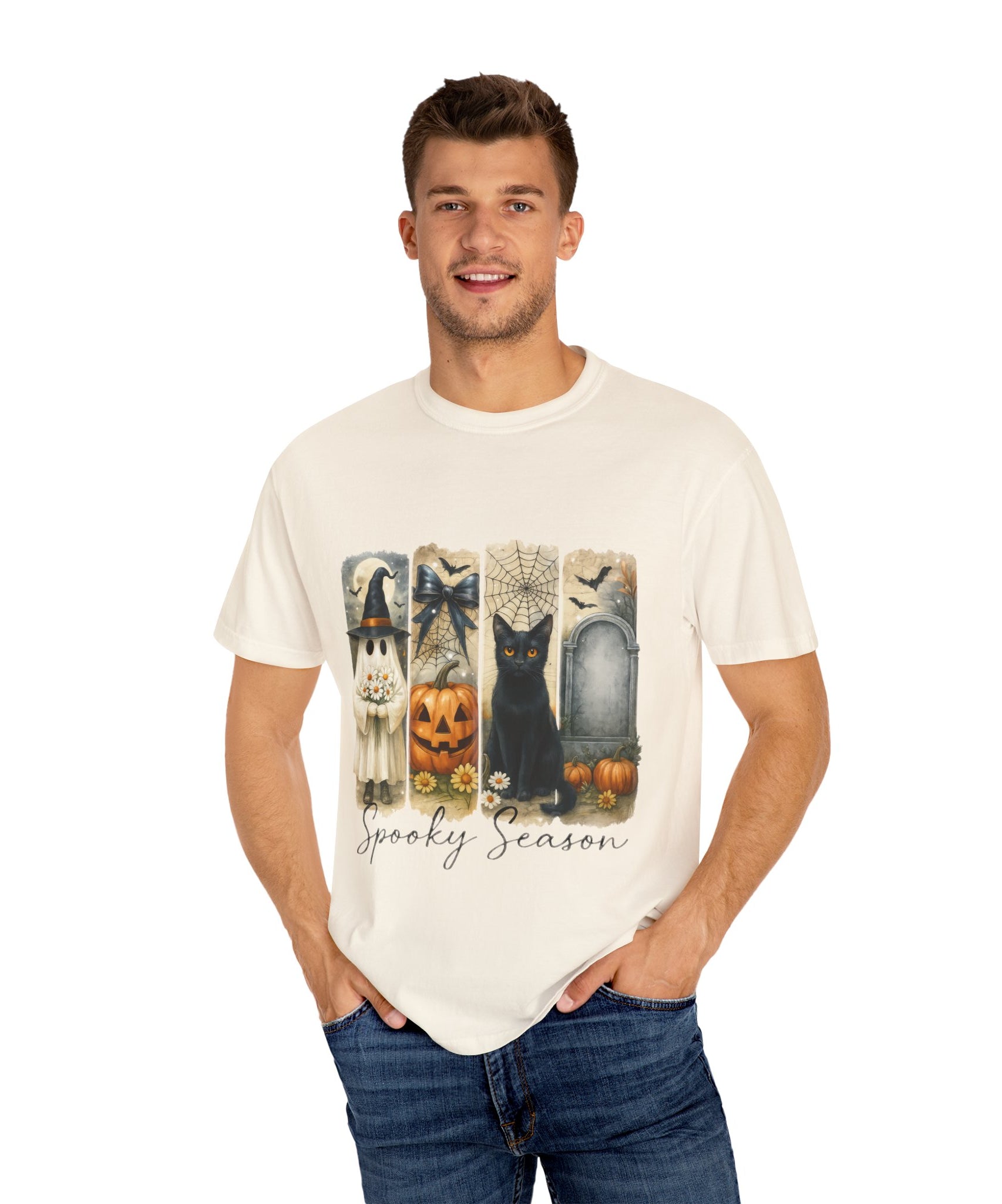 Spooky Season Halloween Unisex T-Shirt – Ghost, Black Cat & Pumpkin Design - Gallory Hive