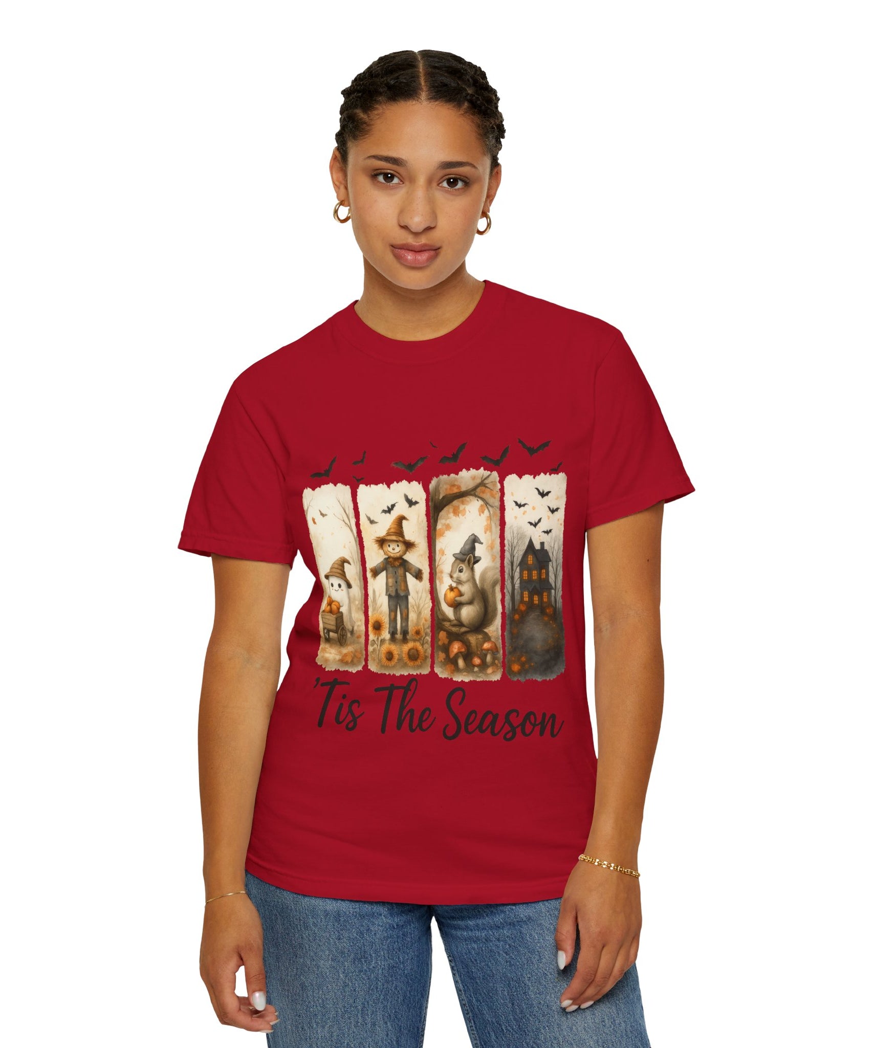 Tis The Season Fall Halloween T-Shirt – Cute Ghost, Scarecrow, Squirrel & Haunted House Design - Gallory Hive