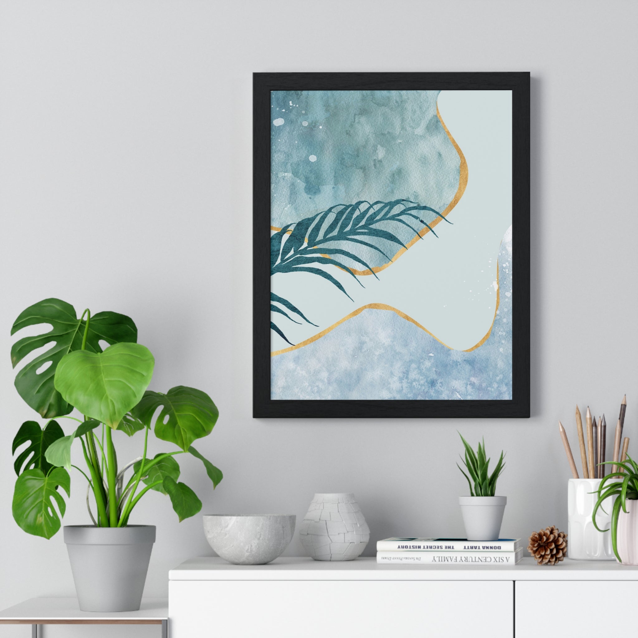 Abstract Leaf Prints on Wooden Frame – Modern Wall Art