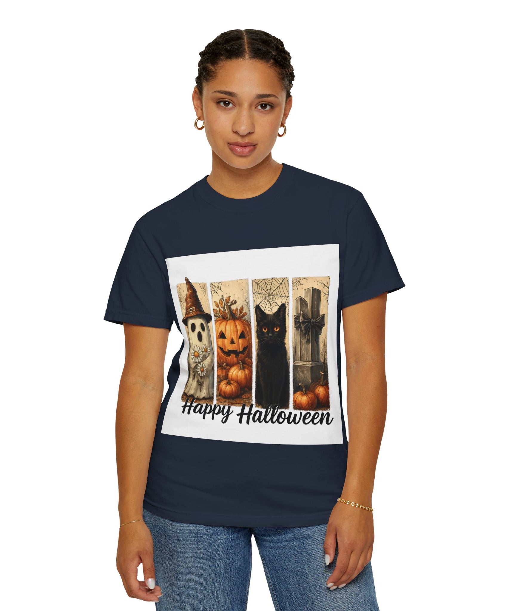Happy Halloween Unisex T-Shirt – Ghost, Black Cat & Pumpkin Graphic Tee - Gallory Hive