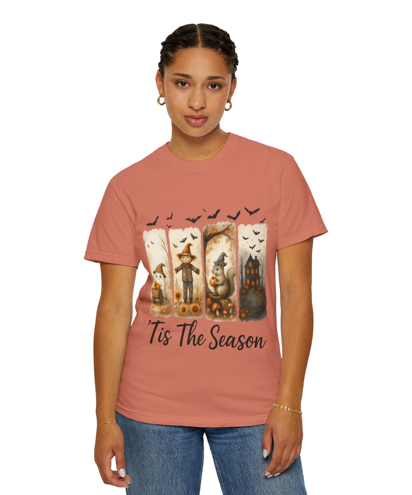 Tis The Season Fall Halloween T-Shirt – Cute Ghost, Scarecrow, Squirrel & Haunted House Design - Gallory Hive