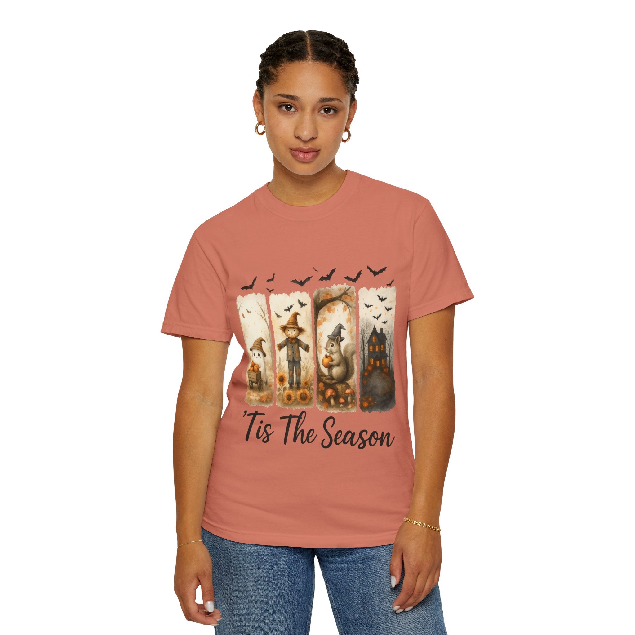 Tis The Season Fall Halloween T-Shirt – Cute Ghost, Scarecrow, Squirrel & Haunted House Design - Gallory Hive