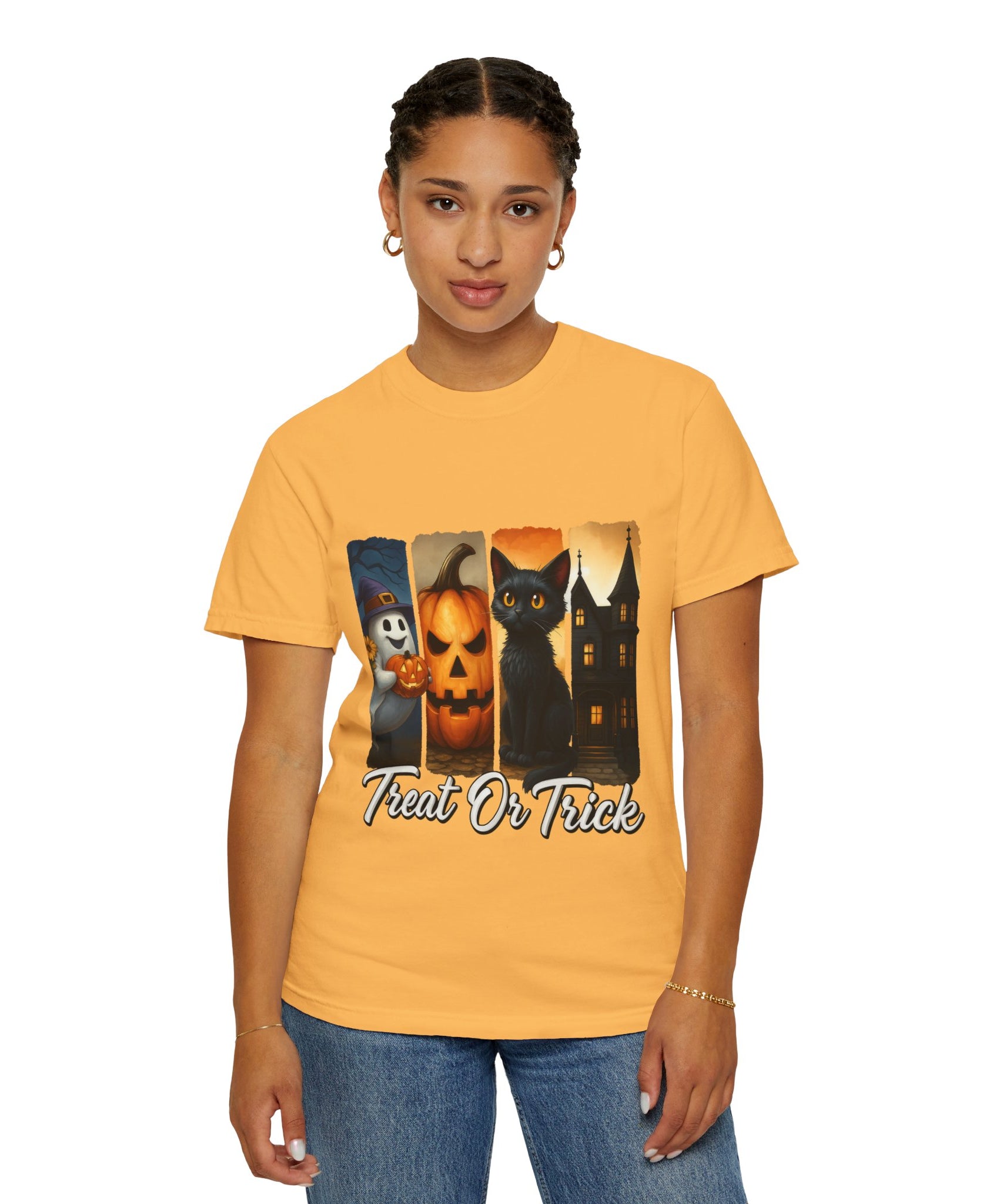 Treat Or Trick Halloween T-Shirt – Cute Ghost, Pumpkin, Black Cat & Haunted House Design - Gallory Hive