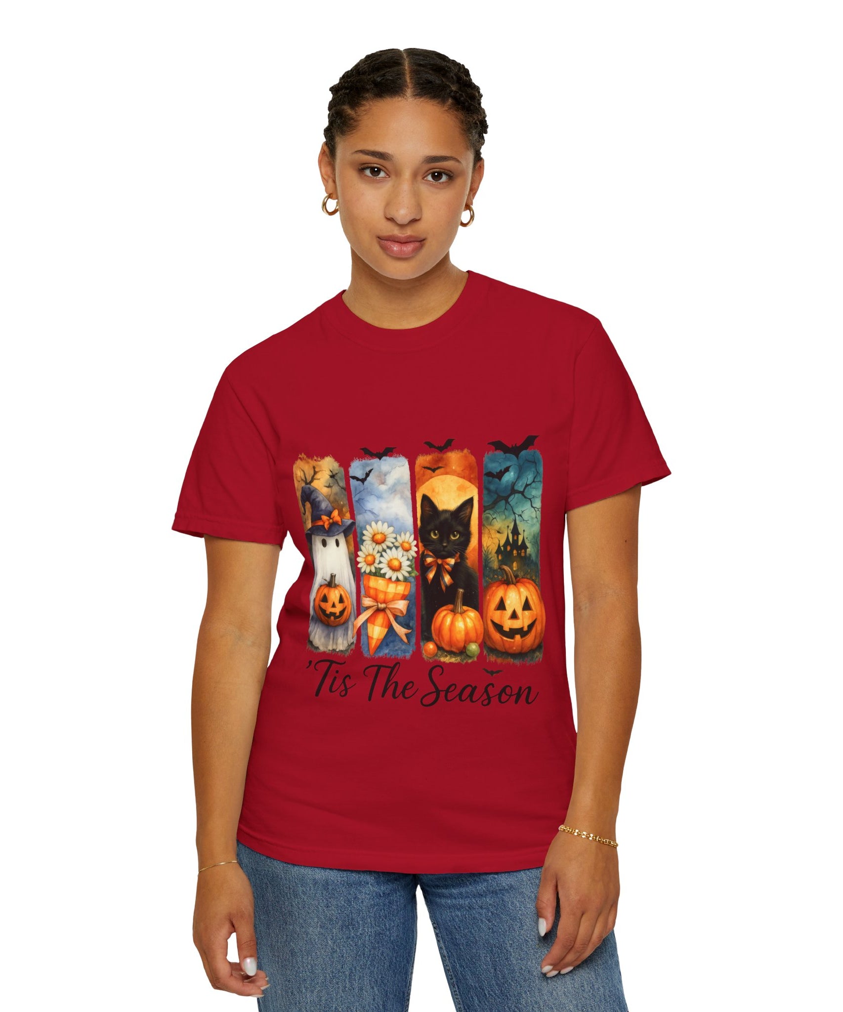 Whimsical Halloween T-Shirt – Ghost, Black Cat, Pumpkins & Haunted House Design - Gallory Hive