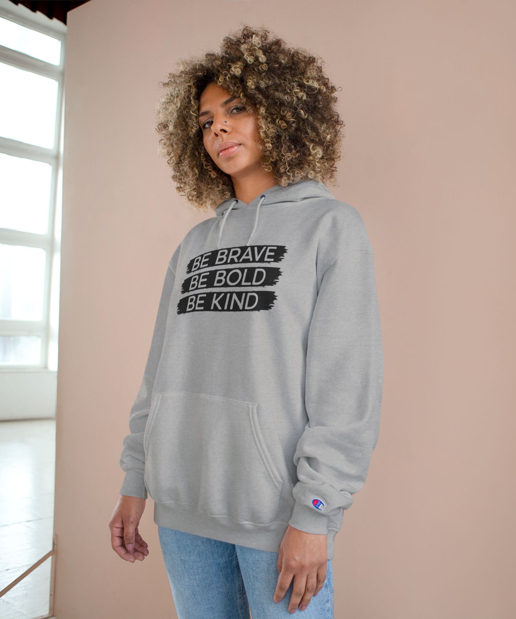 Champion Hoodie - Bold, Brave, Kind Minimalist Hand Sign Print