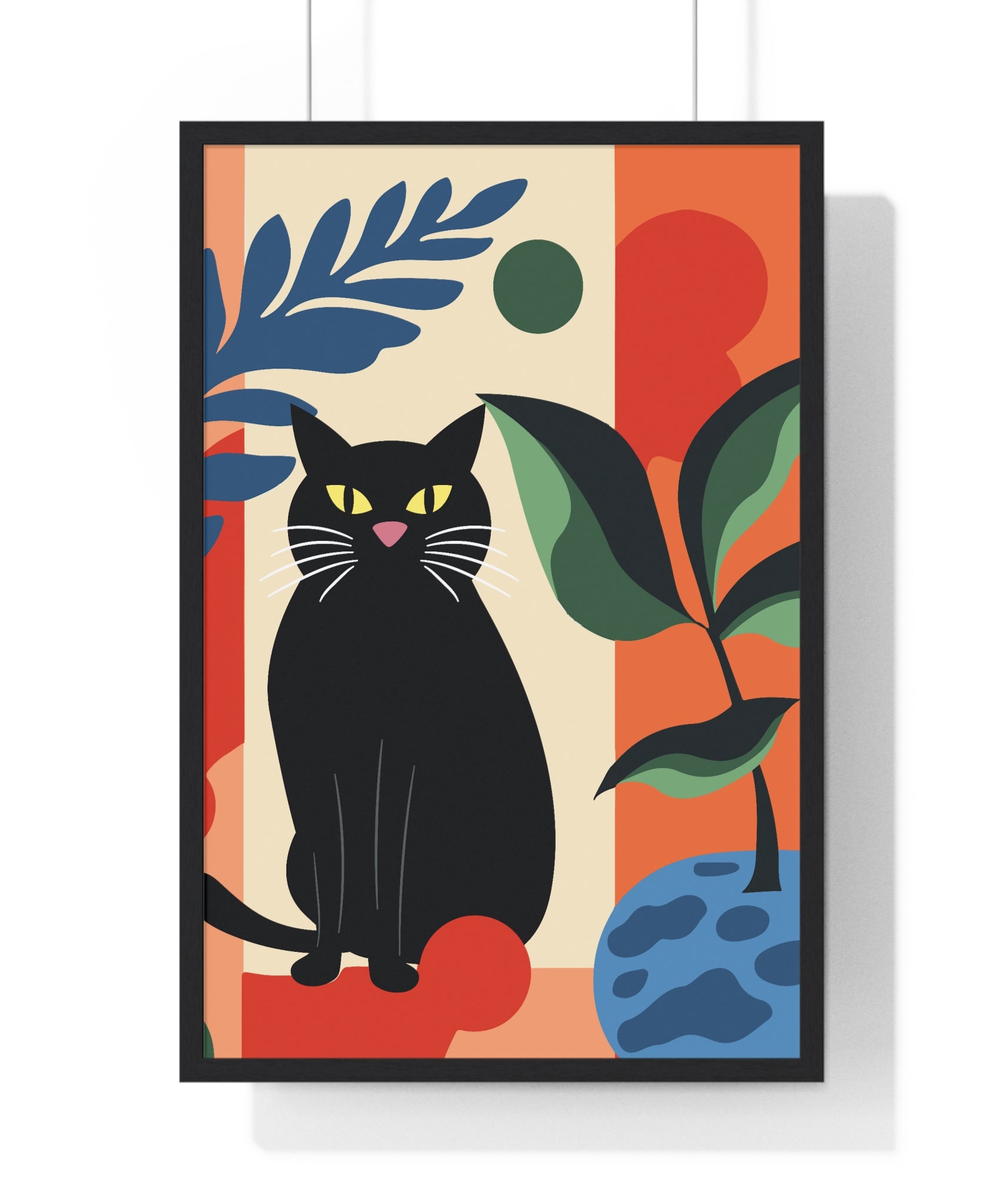 Premium Black Cat Wall Art – Botanical Wooden Frame | Gallory Hive