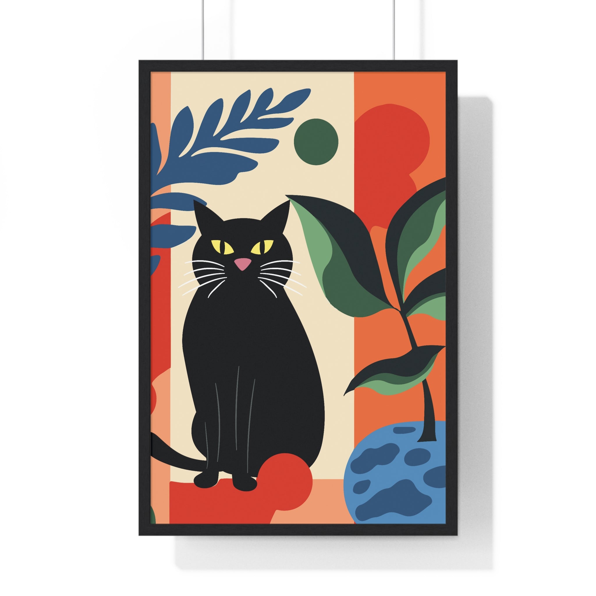 Premium Black Cat Wall Art – Botanical Wooden Frame | Gallory Hive