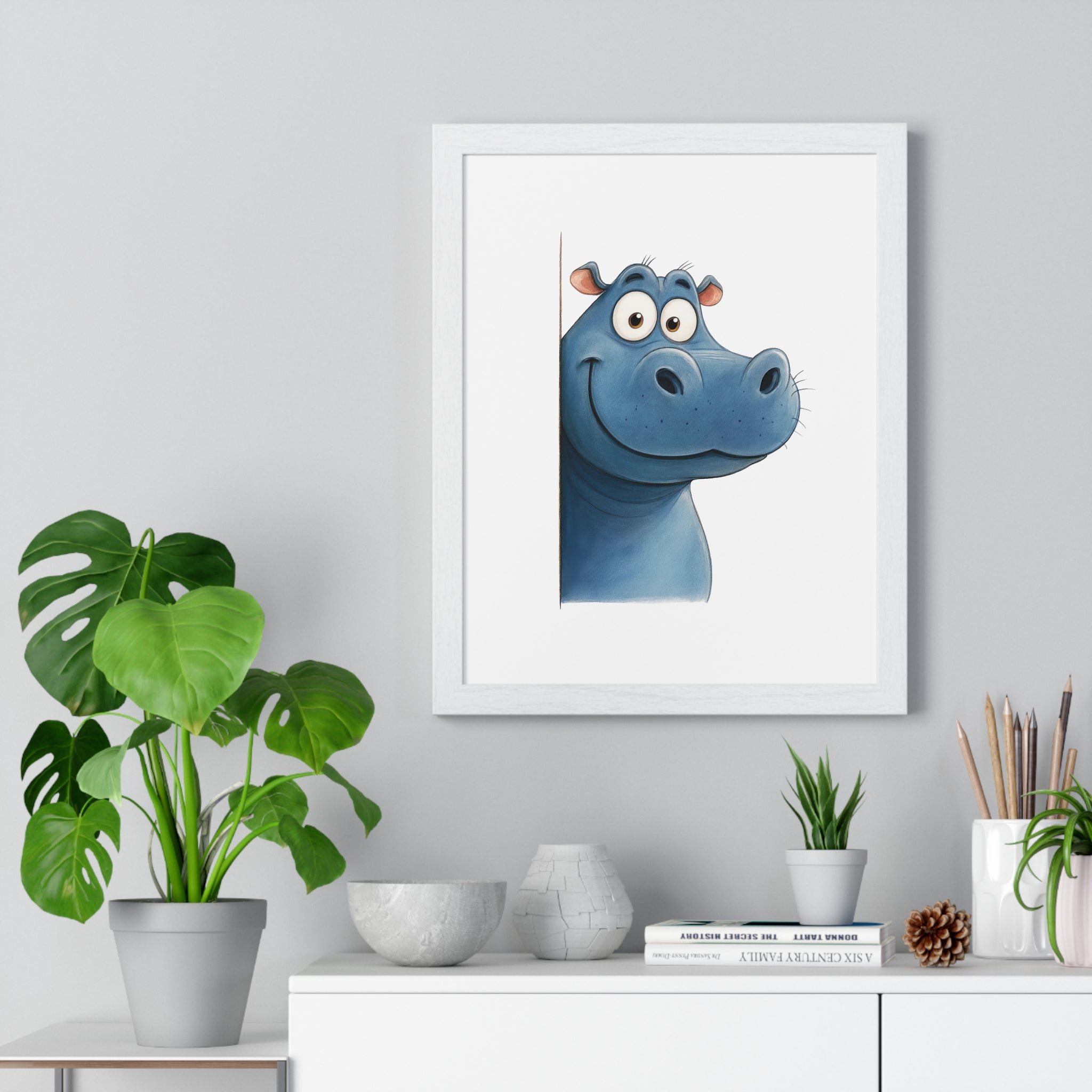 Whimsical Cartoon Hippo Wall Art – Wooden Frame Decor