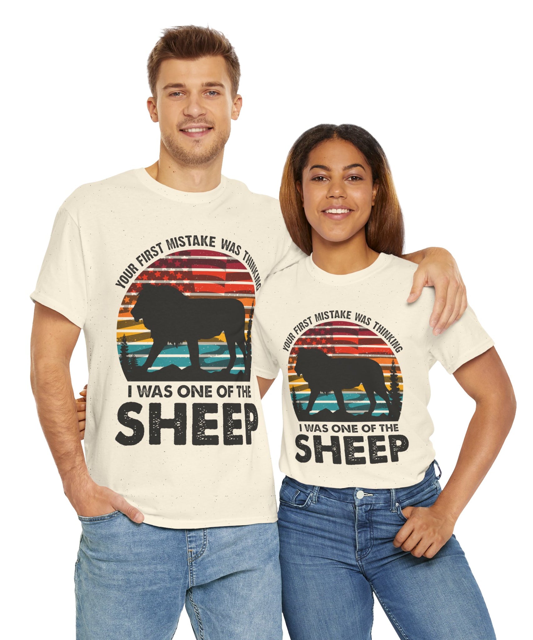 Bold Lion Tee with USA Flag Sunset