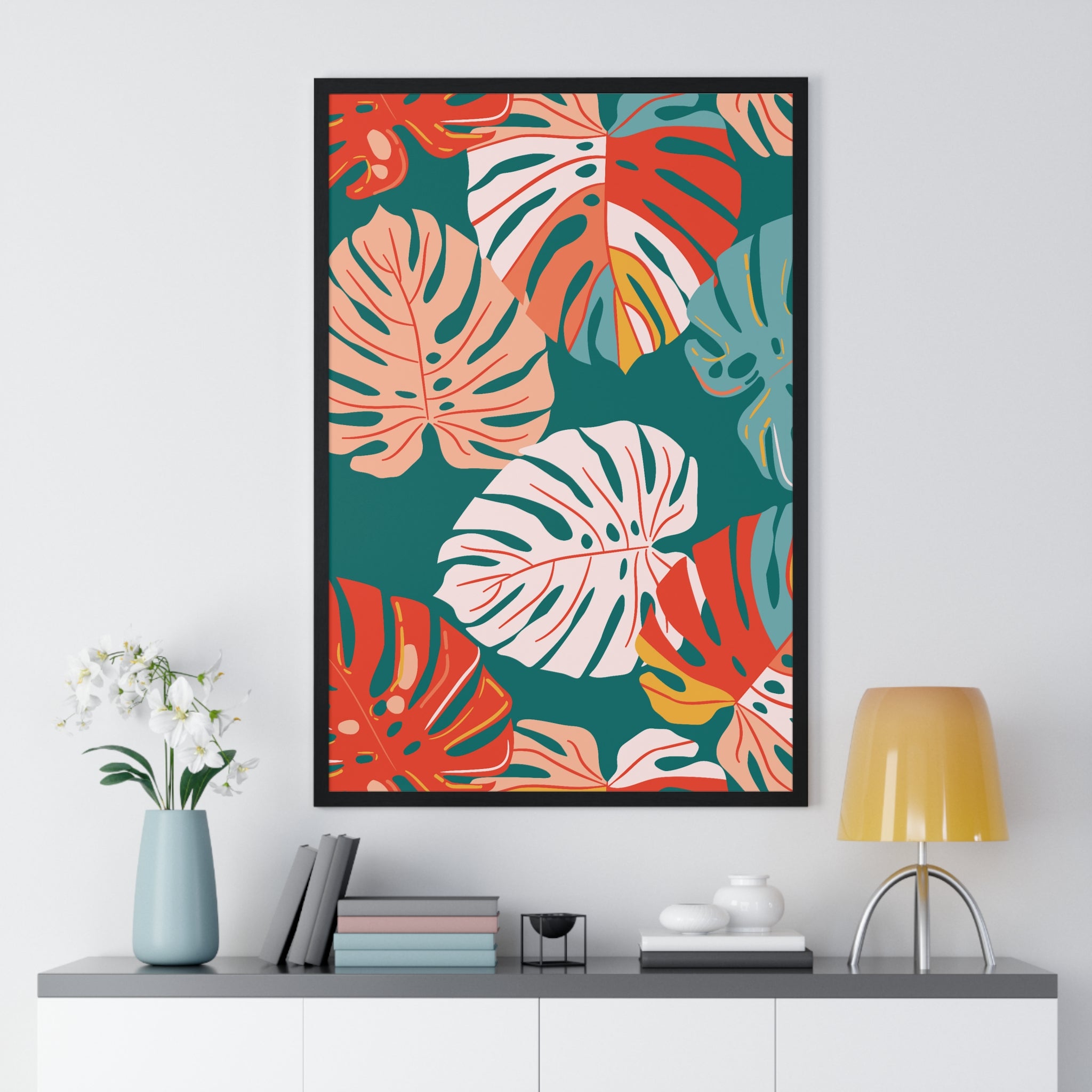 Vibrant Tropical Leaf Art on Green Grid in Premium Frame
