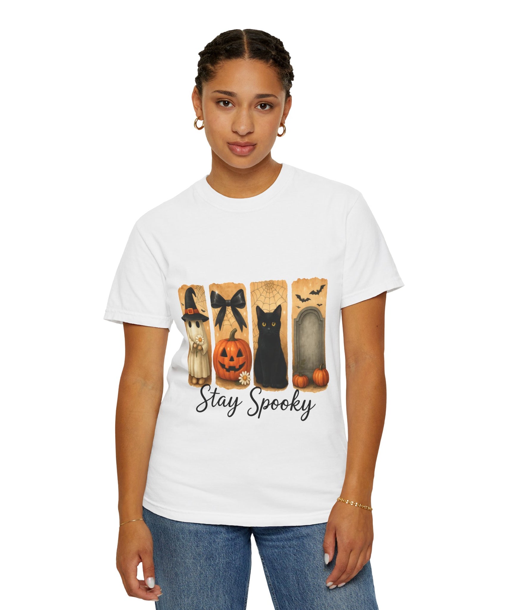 Cute Halloween T-Shirt – Ghost in Witch Hat, Pumpkin, Black Cat & Tombstone Design - Gallory Hive