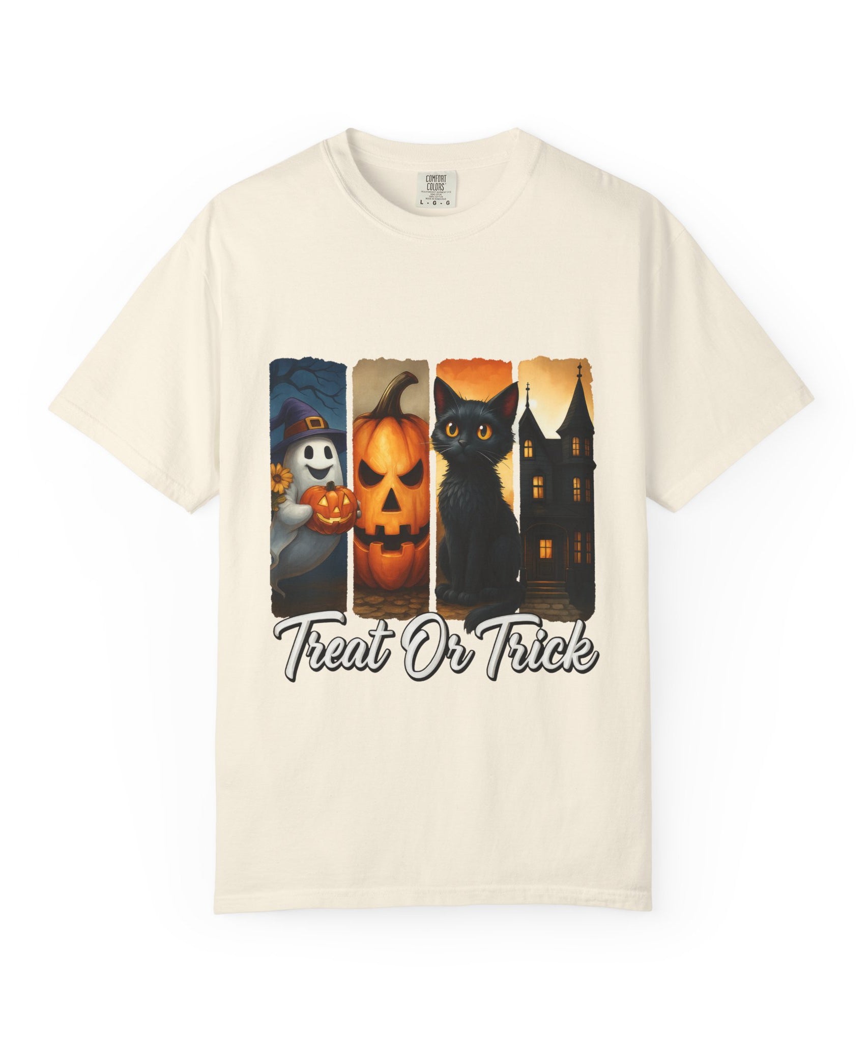 Treat Or Trick Halloween T-Shirt – Cute Ghost, Pumpkin, Black Cat & Haunted House Design - Gallory Hive