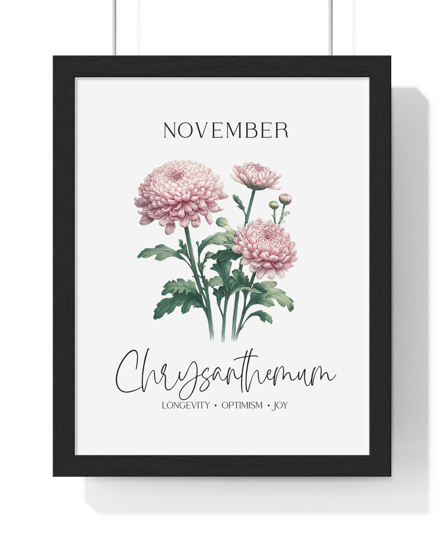 November Birth Month Flower Wall Art – Chrysanthemum Illustration in Wooden Frame | Longevity, Optimism & Joy