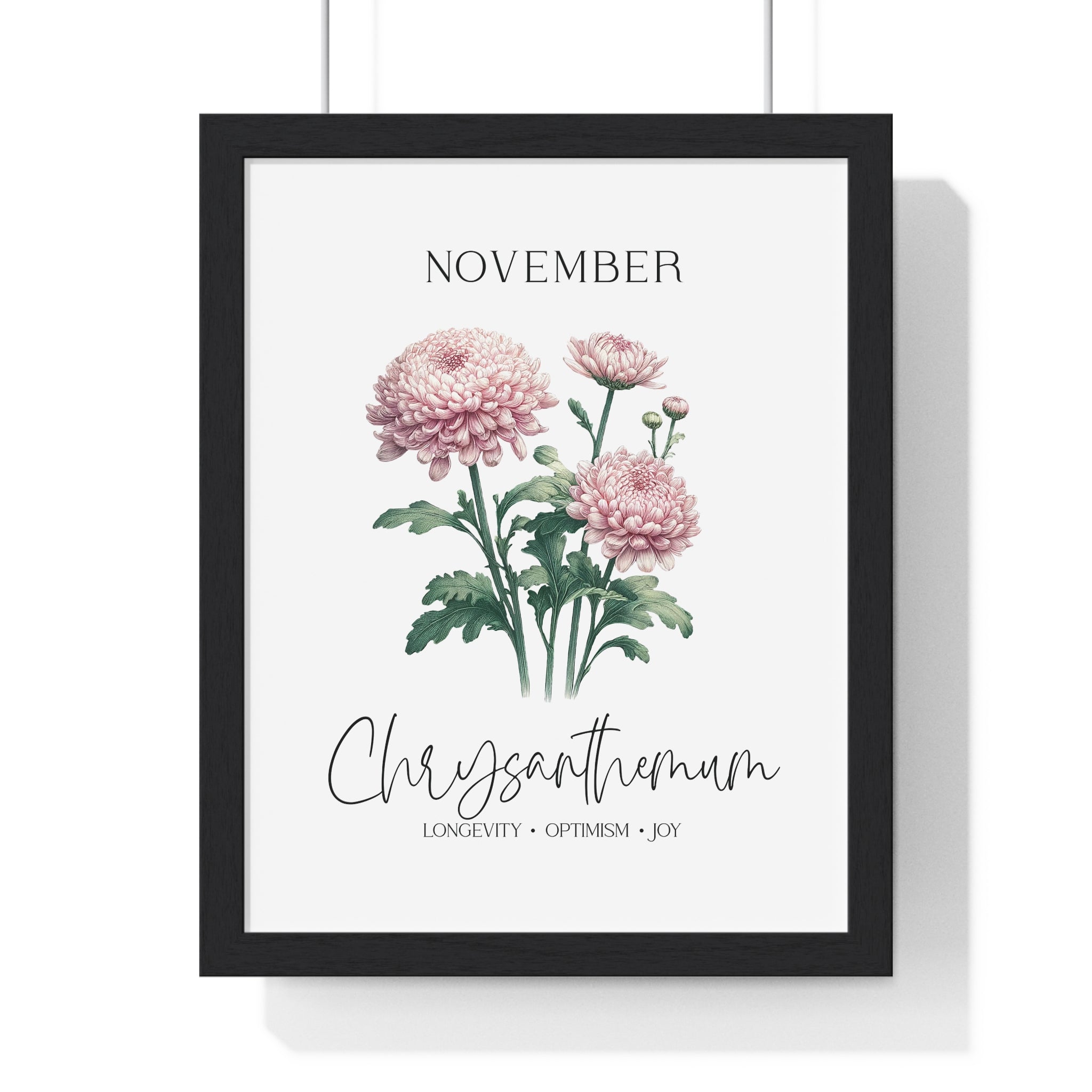 November Birth Month Flower Wall Art – Chrysanthemum Illustration in Wooden Frame | Longevity, Optimism & Joy
