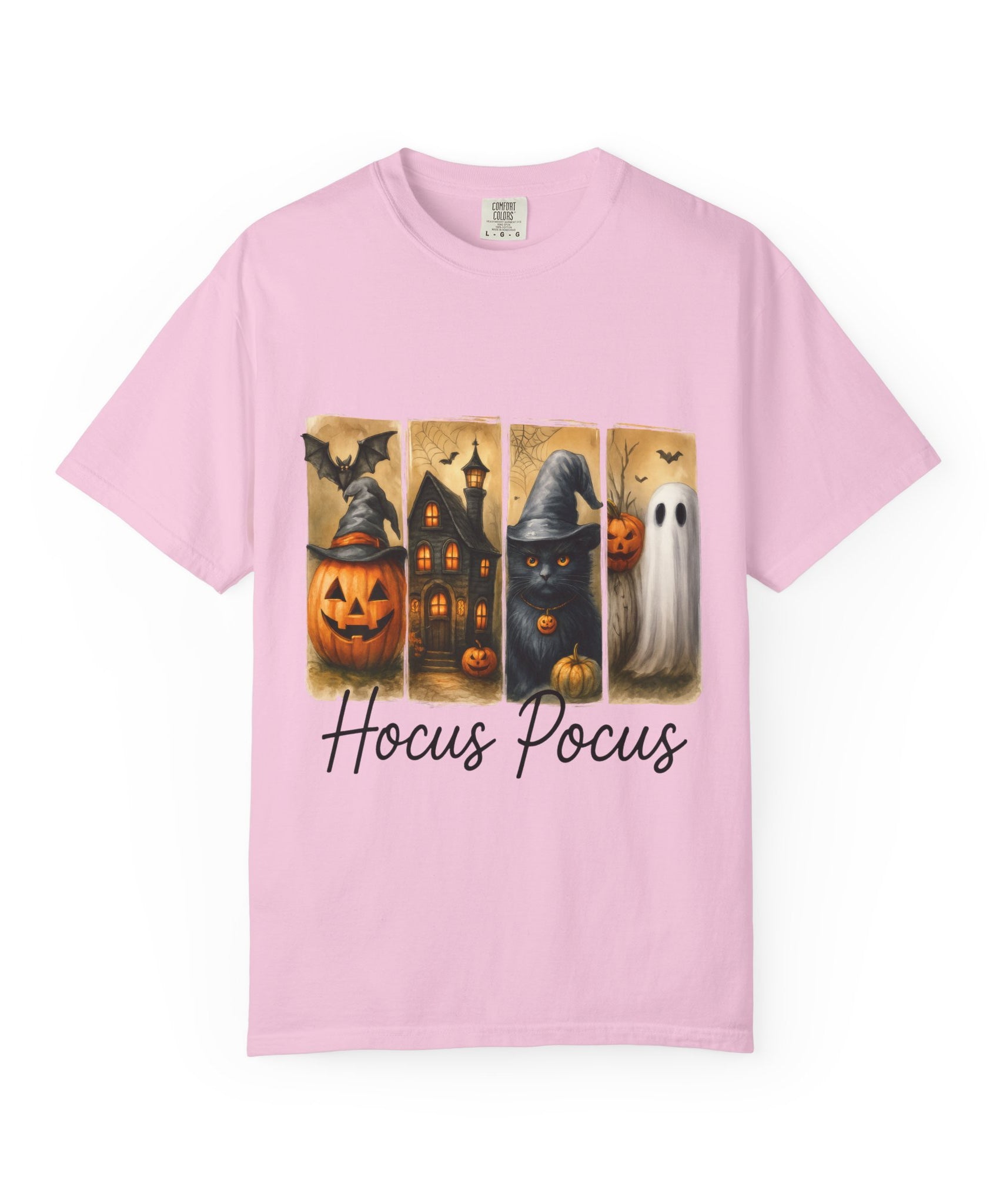 Hocus Pocus Halloween Unisex T-Shirt – Witchy Cat, Haunted House, Pumpkin & Ghost Art - Gallory Hive