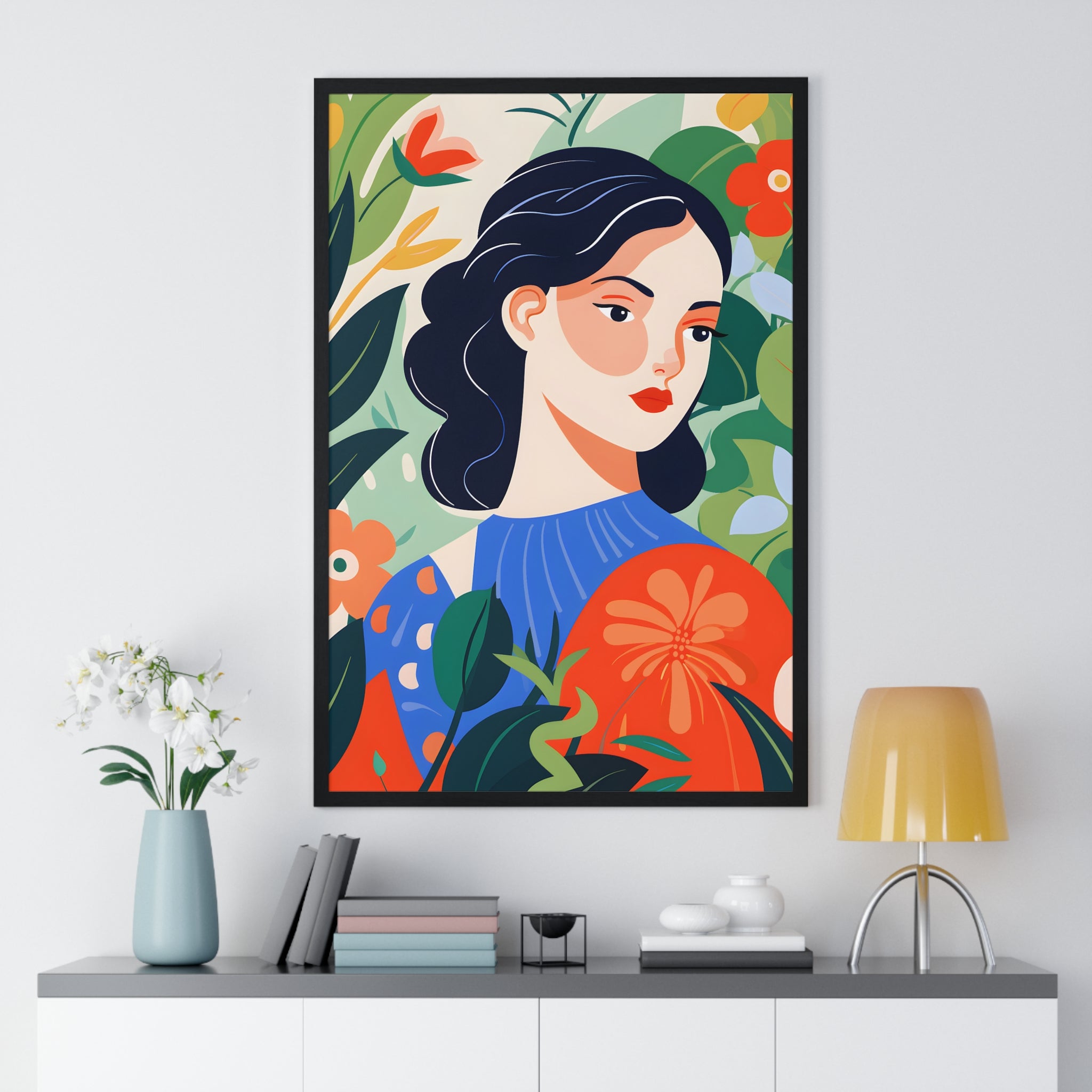 Modern Botanical Woman Art – Premium Wooden Framed Poster with Vibrant Foliage