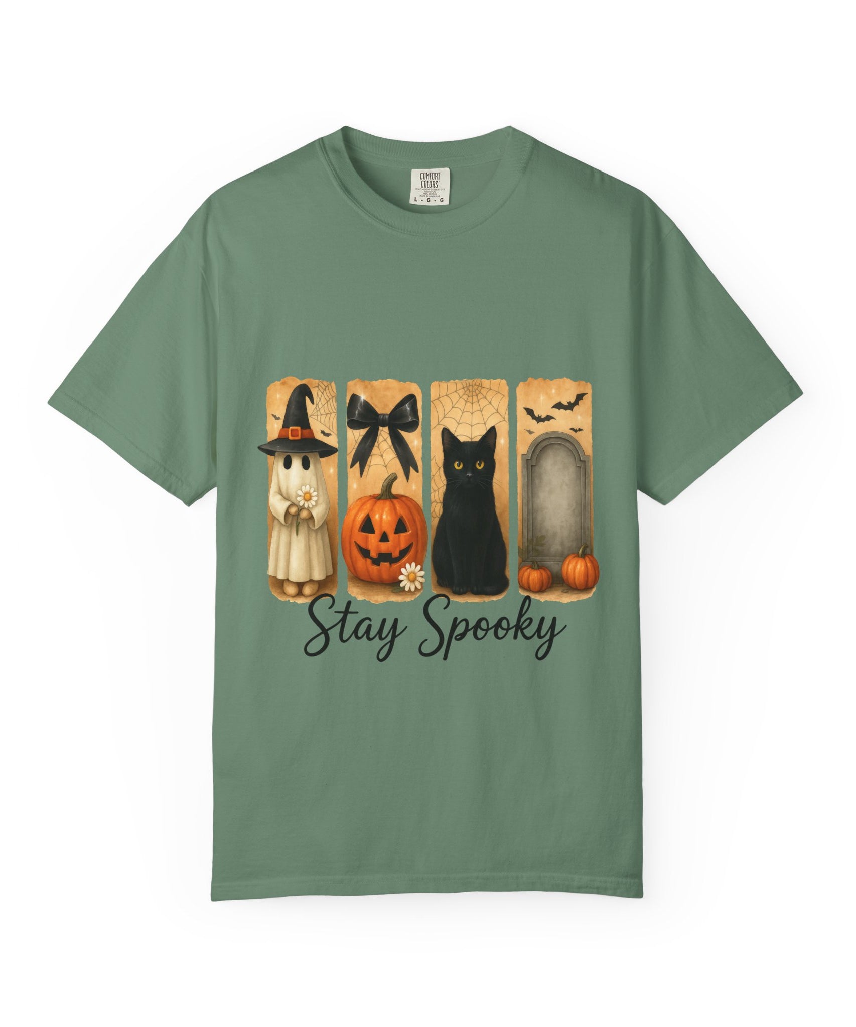 Cute Halloween T-Shirt – Ghost in Witch Hat, Pumpkin, Black Cat & Tombstone Design - Gallory Hive