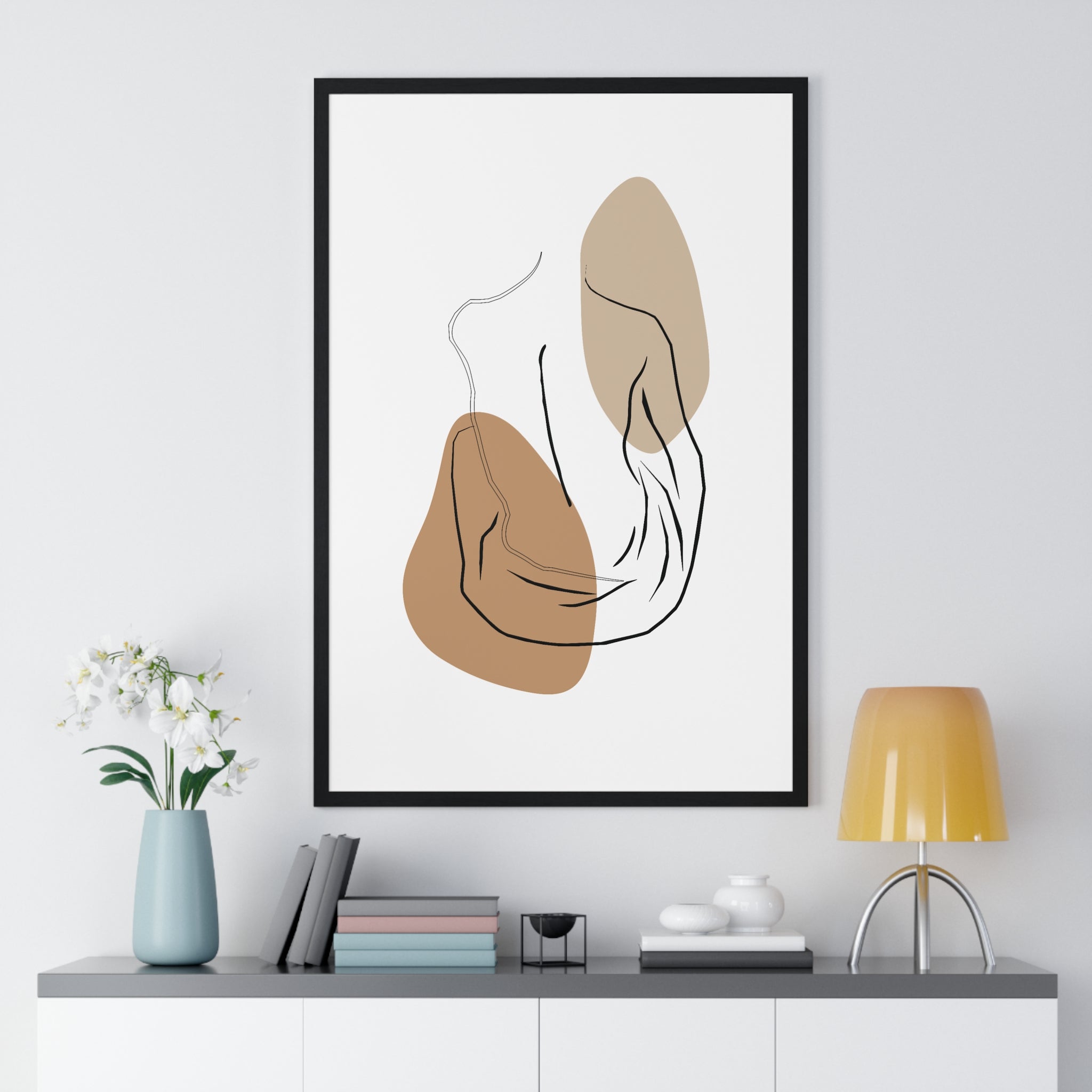 Modern Minimalist Torso Line Art – Earth Tone Abstract Print in Wooden Frame