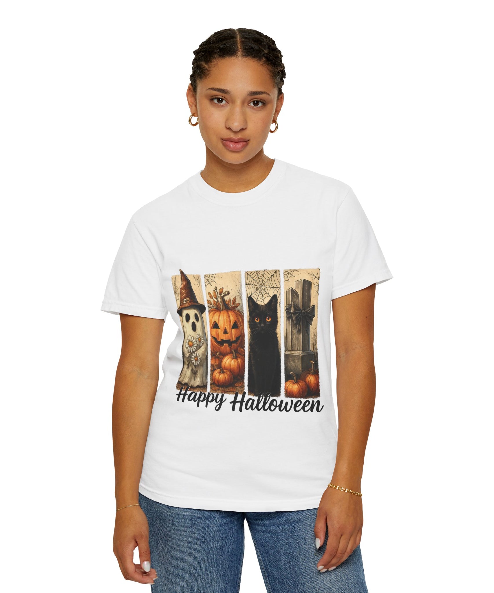 Happy Halloween Unisex T-Shirt – Ghost, Black Cat & Pumpkin Graphic Tee - Gallory Hive