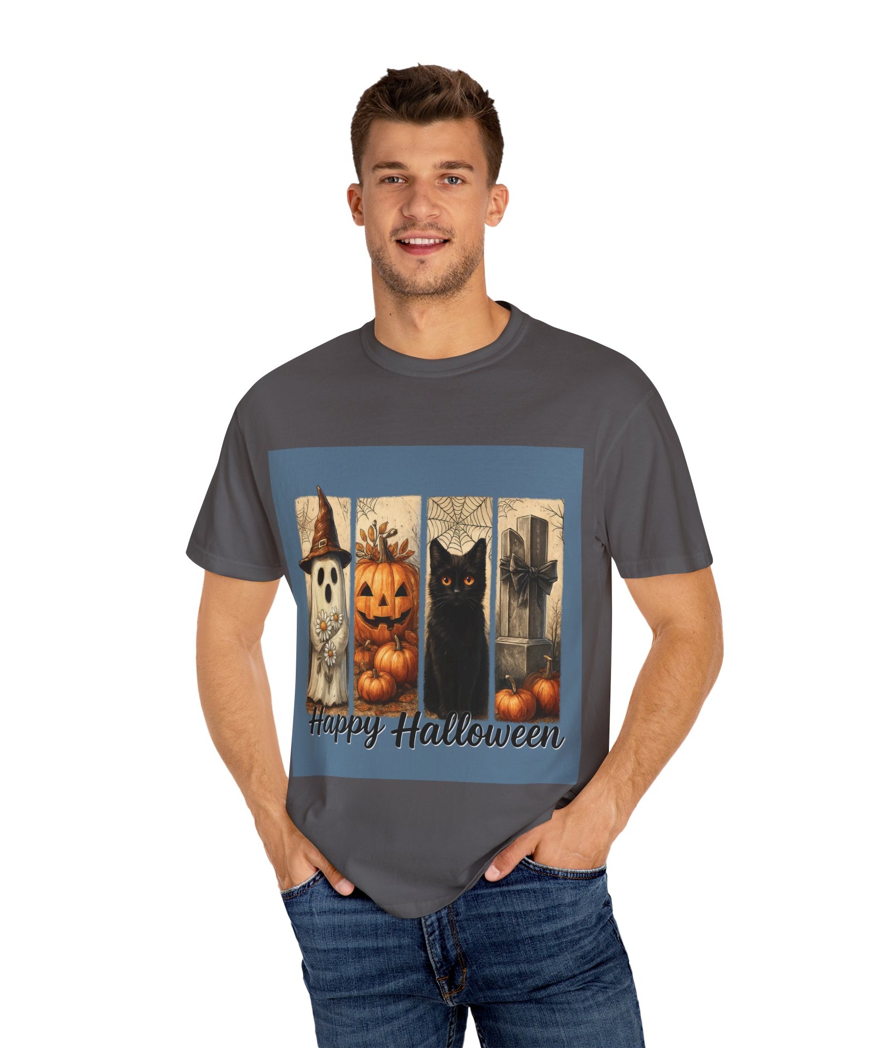 Happy Halloween Unisex T-Shirt – Ghost, Black Cat & Pumpkin Graphic Tee - Gallory Hive