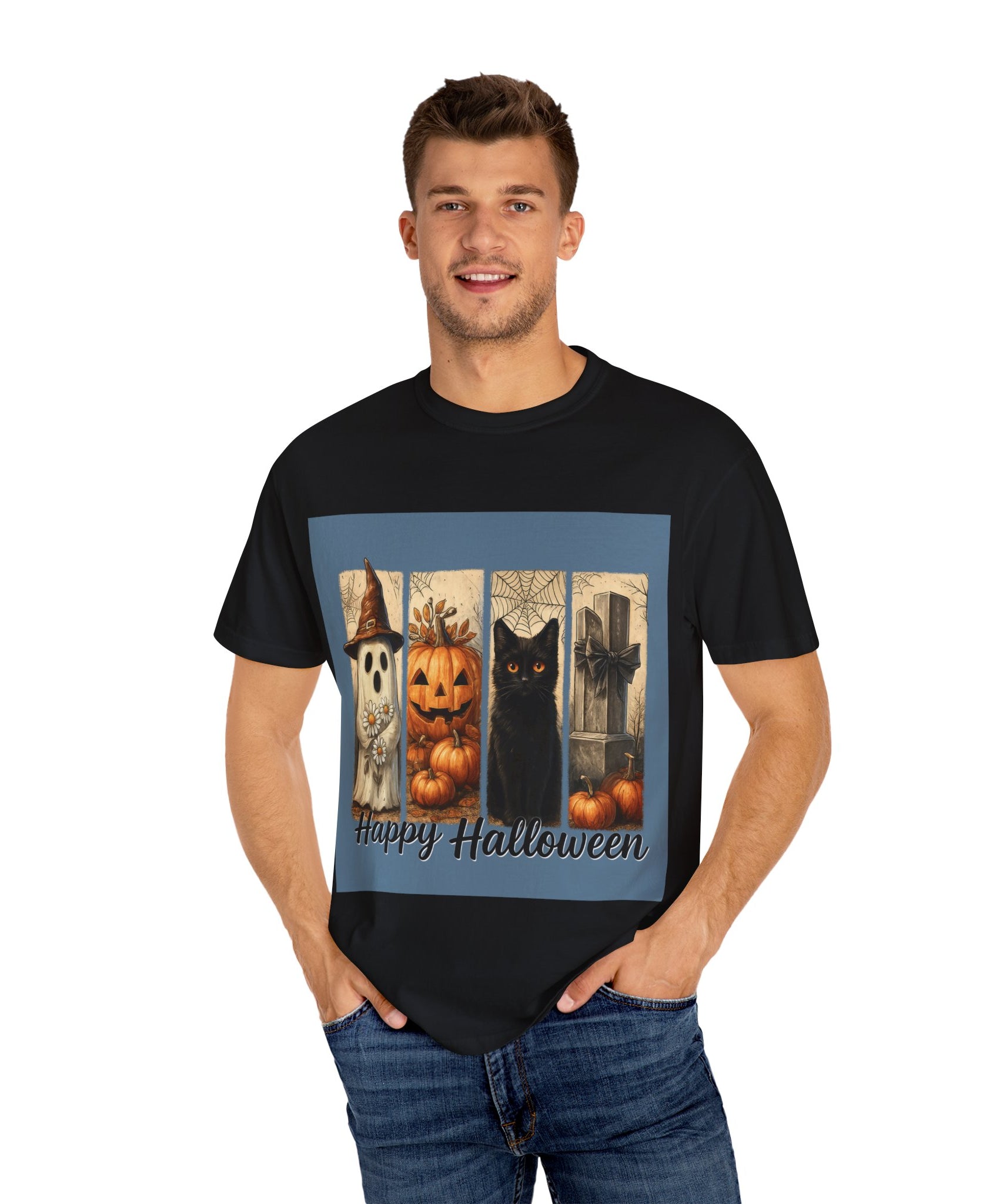 Happy Halloween Unisex T-Shirt – Ghost, Black Cat & Pumpkin Graphic Tee - Gallory Hive