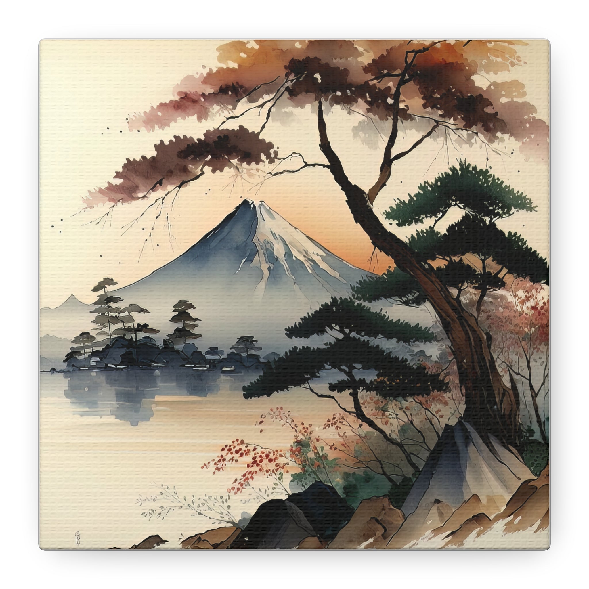 Tranquil Japanese Landscape - Watercolor Mountain & Lake Wall Art, Floral Canvas Print, Asian-Inspired Home Decor